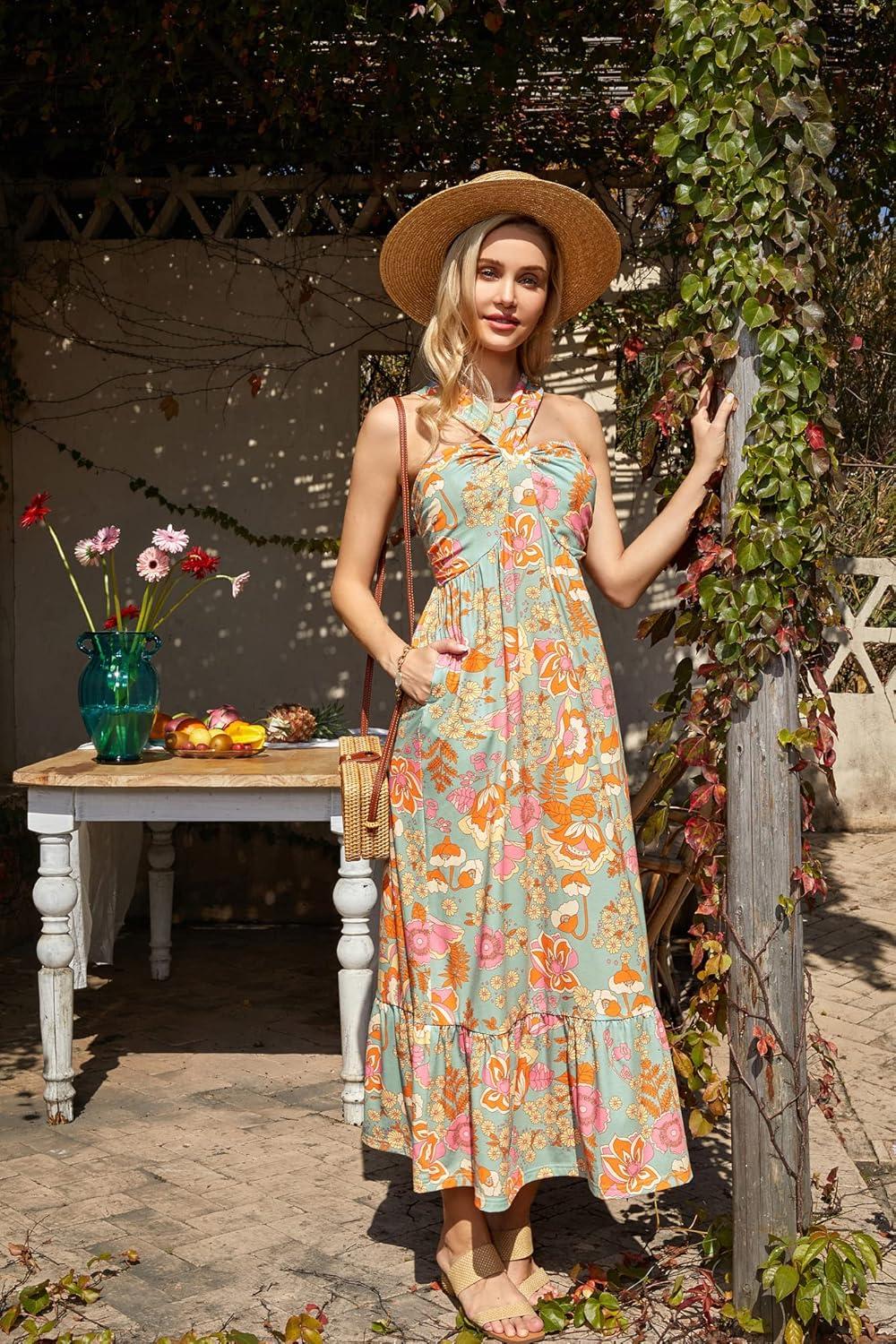 imageGRACE KARIN 2025 Womens Criss Cross Halterneck Sleeveless Summer Floral Print Flowy A Line Maxi DressGreygreen