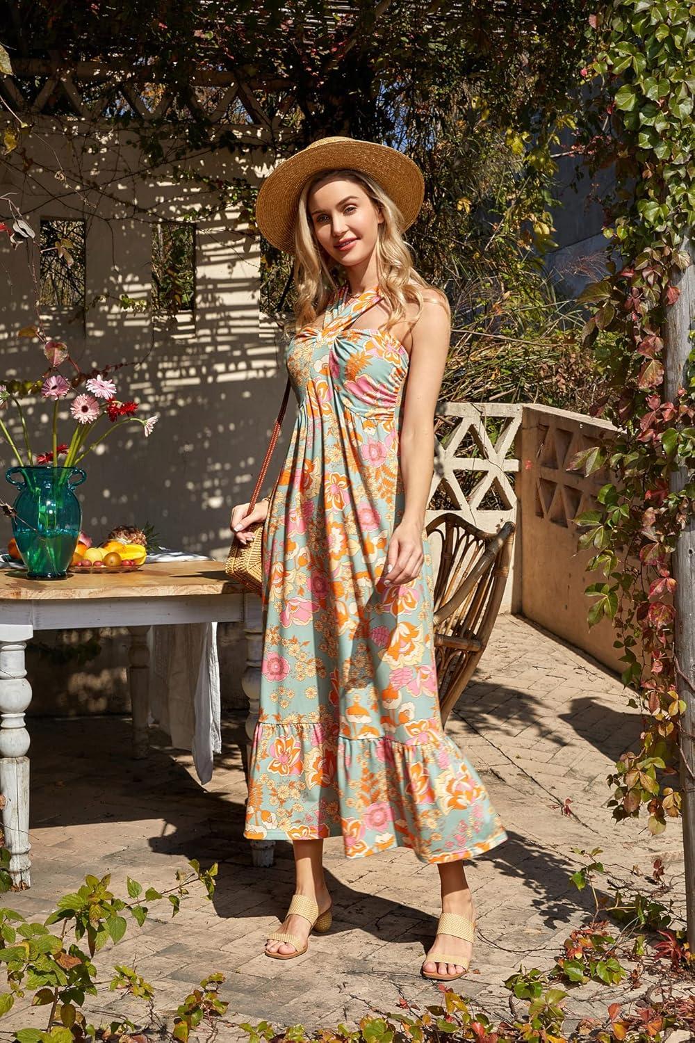 imageGRACE KARIN 2025 Womens Criss Cross Halterneck Sleeveless Summer Floral Print Flowy A Line Maxi DressGreygreen