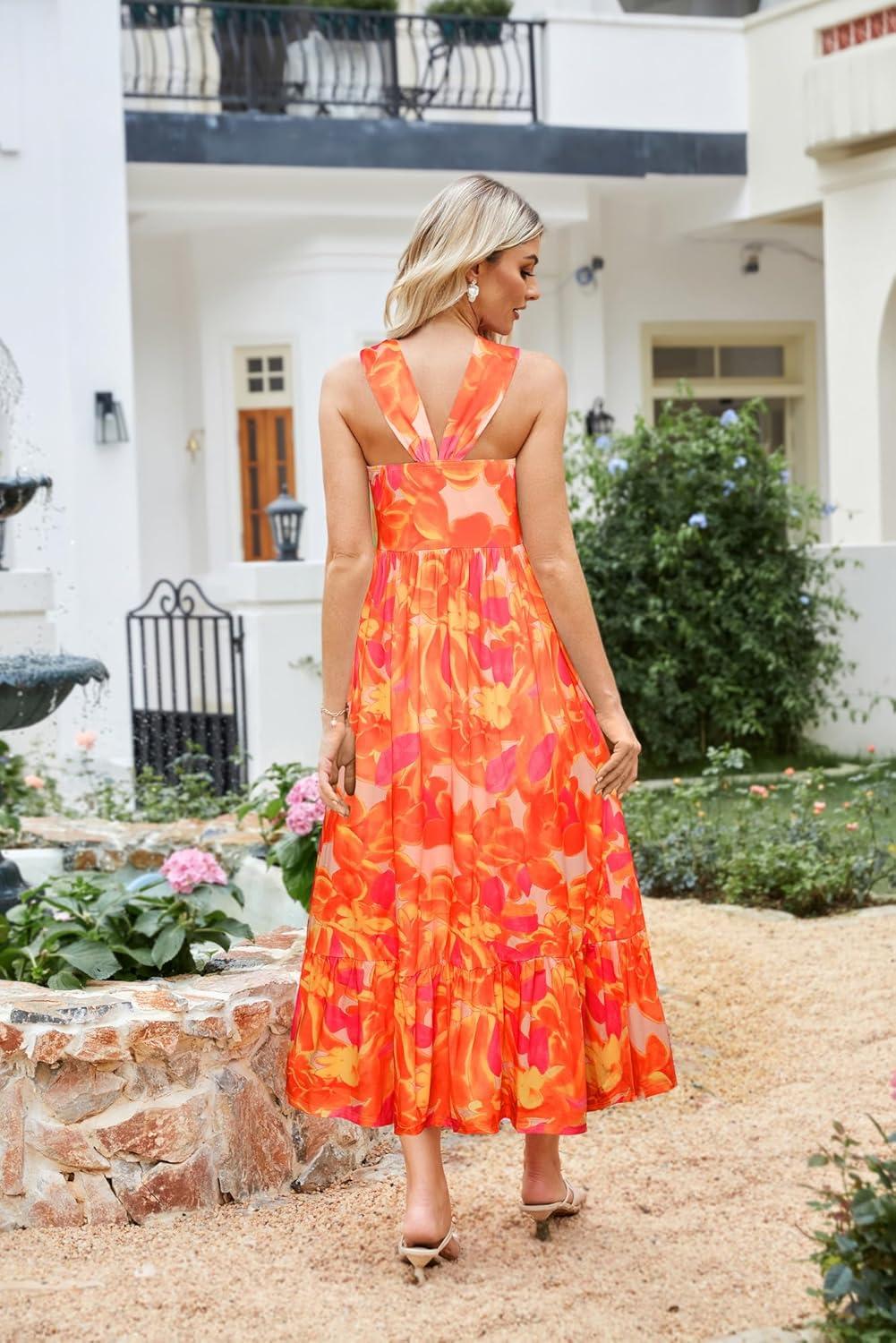 imageGRACE KARIN 2025 Womens Criss Cross Halterneck Sleeveless Summer Floral Print Flowy A Line Maxi DressOrange