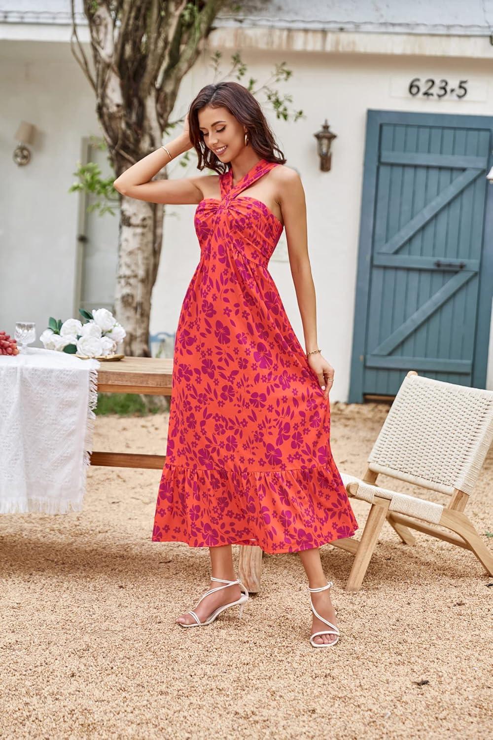 imageGRACE KARIN 2025 Womens Criss Cross Halterneck Sleeveless Summer Floral Print Flowy A Line Maxi DressOrange Purple