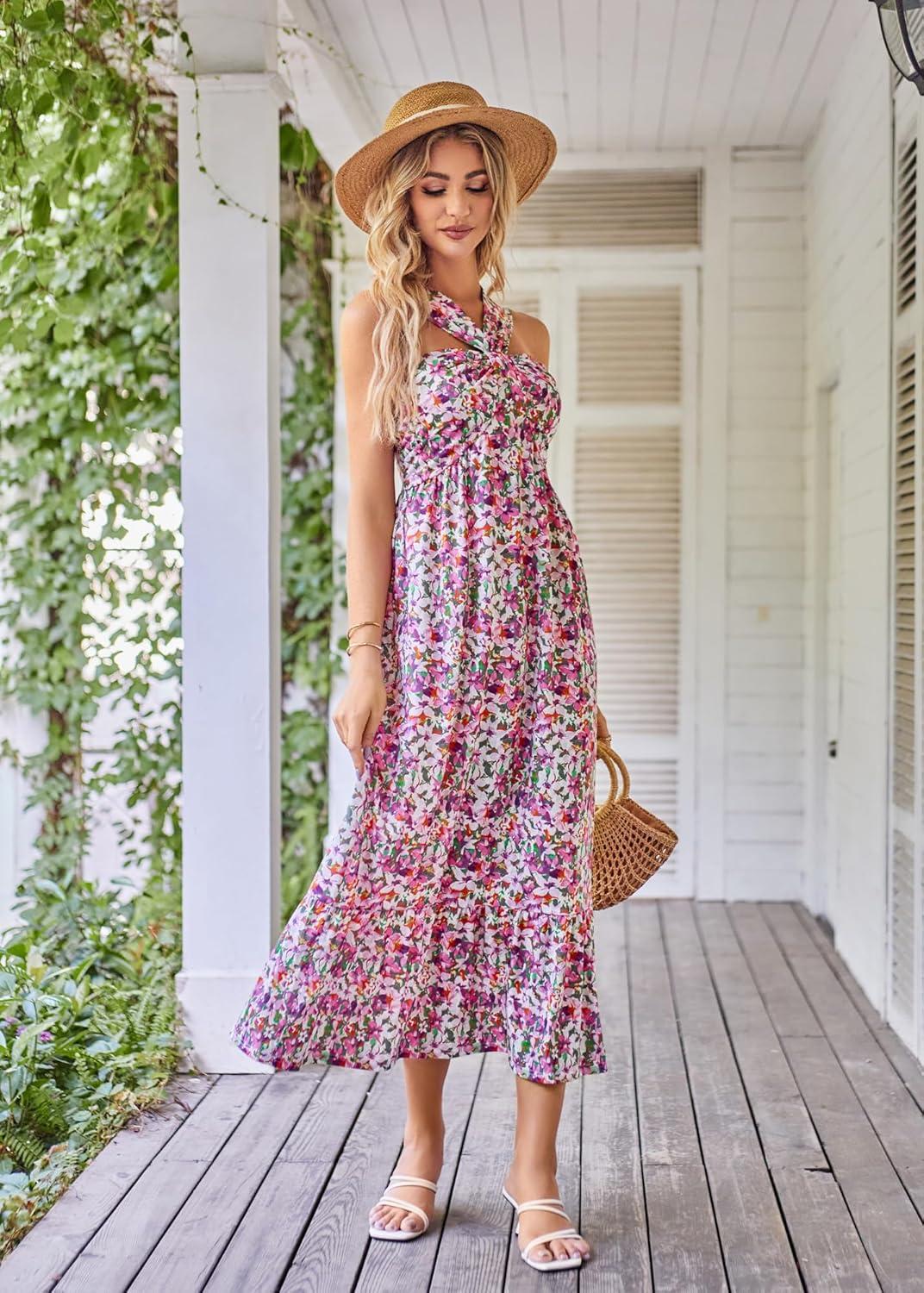 imageGRACE KARIN 2025 Womens Criss Cross Halterneck Sleeveless Summer Floral Print Flowy A Line Maxi DressPurple