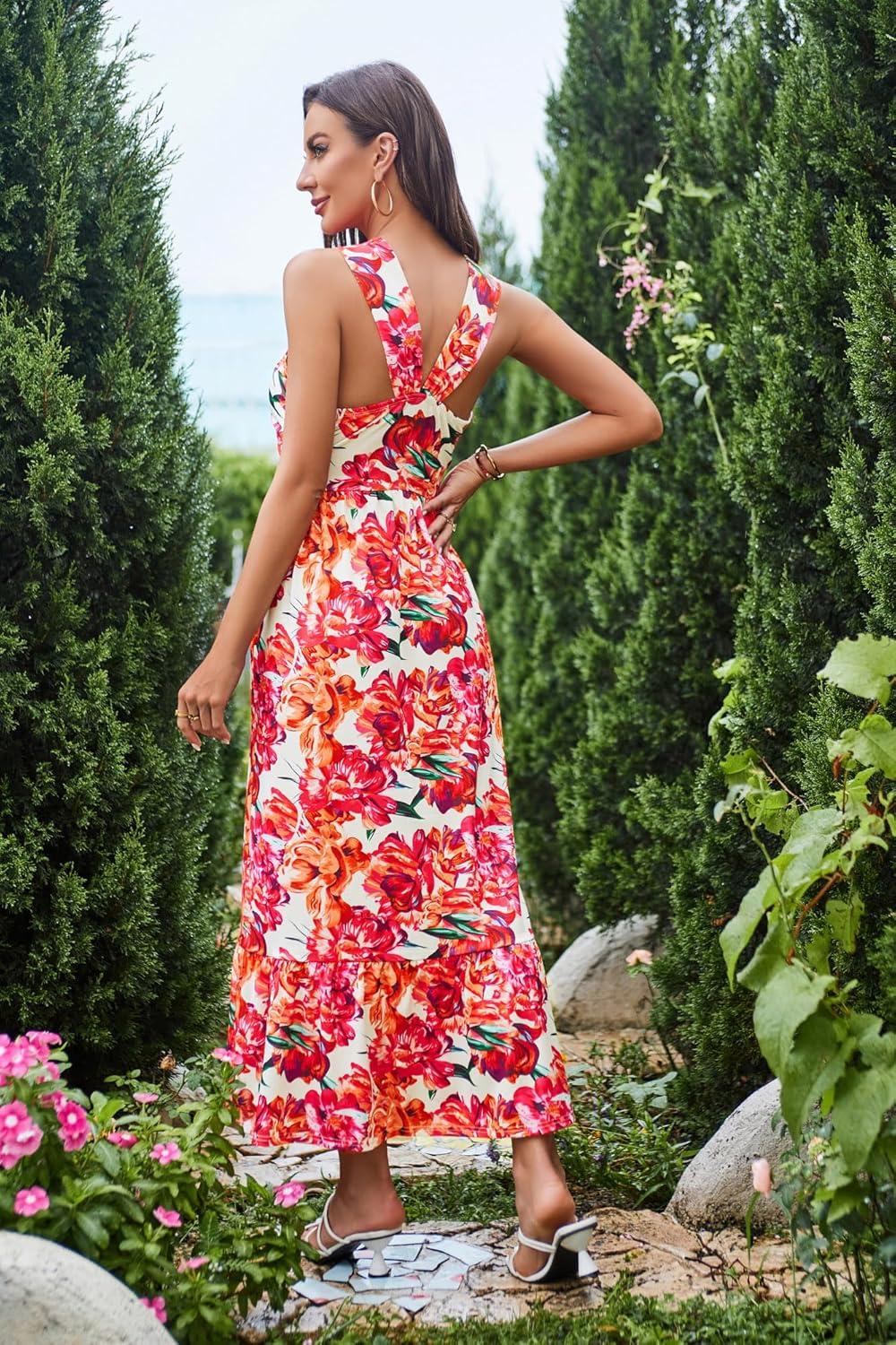 imageGRACE KARIN 2025 Womens Criss Cross Halterneck Sleeveless Summer Floral Print Flowy A Line Maxi DressRose Orange