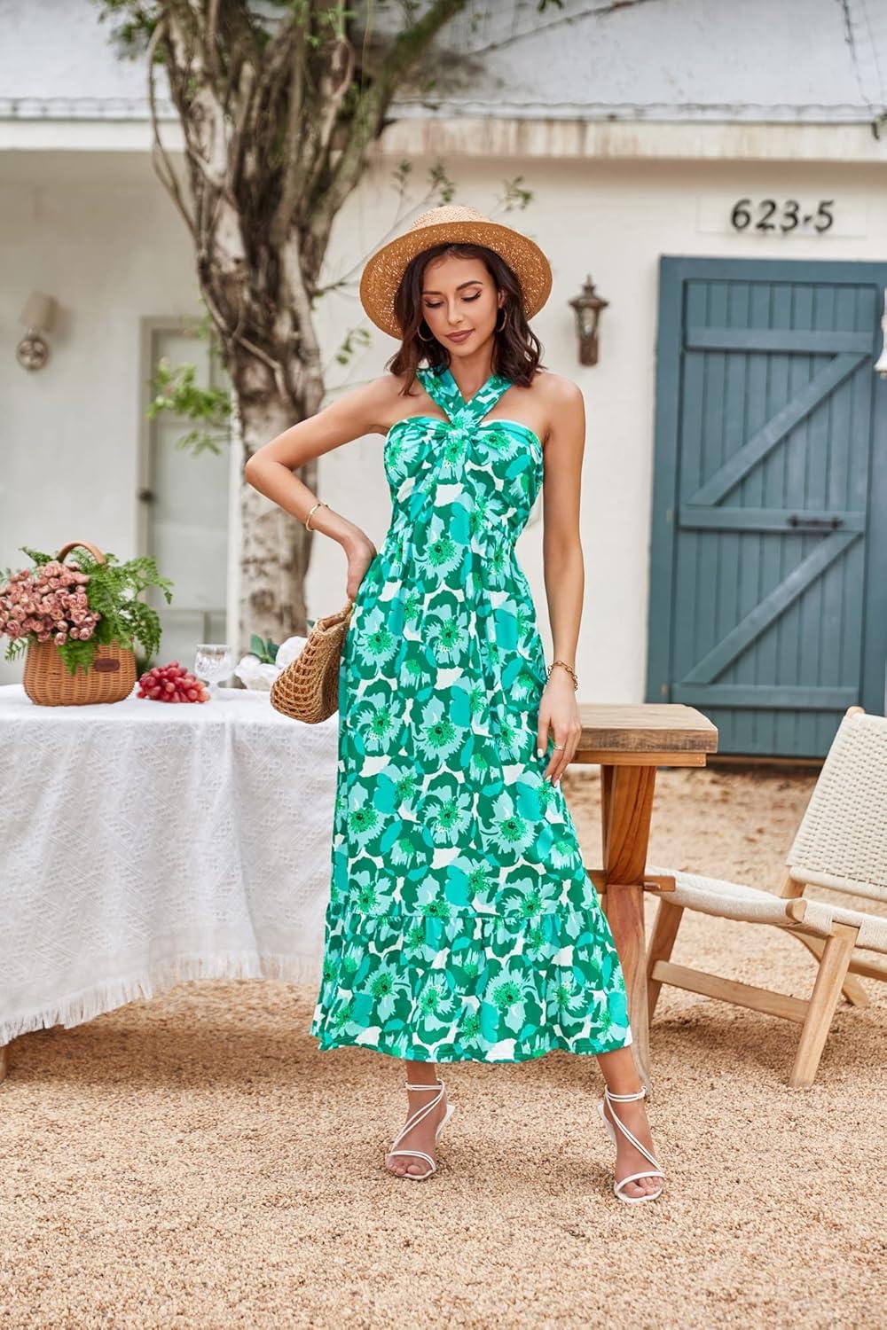 imageGRACE KARIN 2025 Womens Criss Cross Halterneck Sleeveless Summer Floral Print Flowy A Line Maxi DressViridis