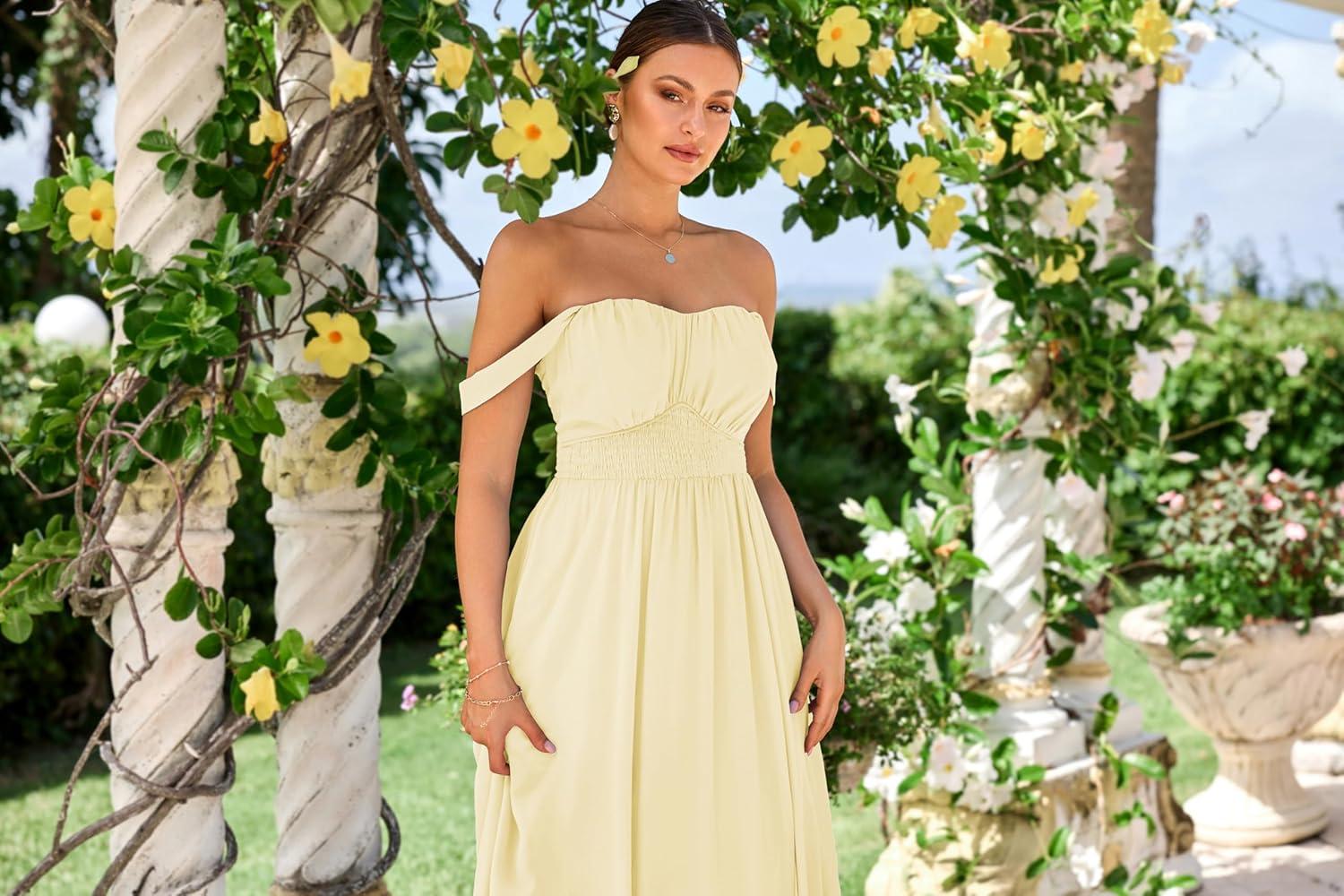 imageGRACE KARIN 2025 Womens Summer Floral Print Flowy A Line Maxi Dresses Sleeveless Smocked Off Shoulder DressApricot