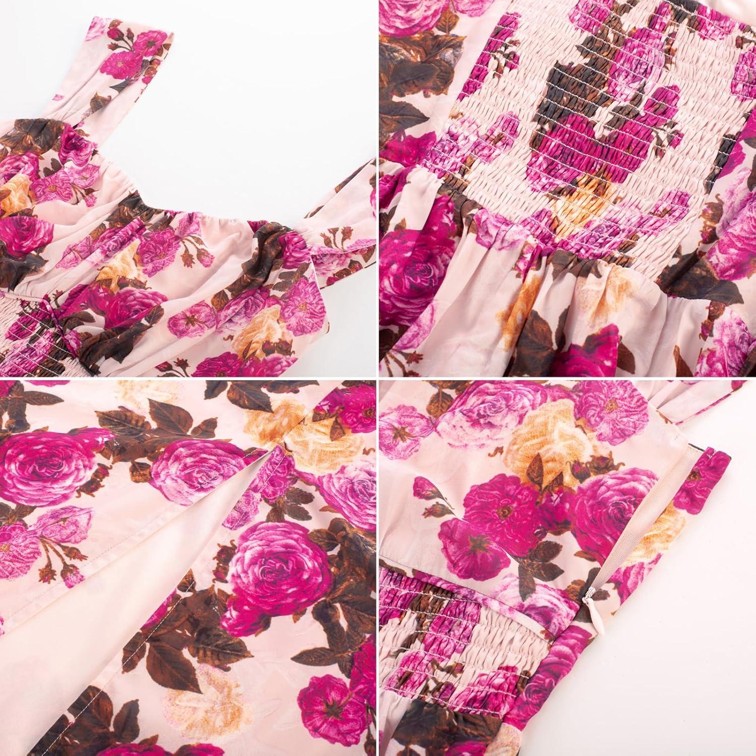 imageGRACE KARIN 2025 Womens Summer Floral Print Flowy A Line Maxi Dresses Sleeveless Smocked Off Shoulder DressApricot Purple
