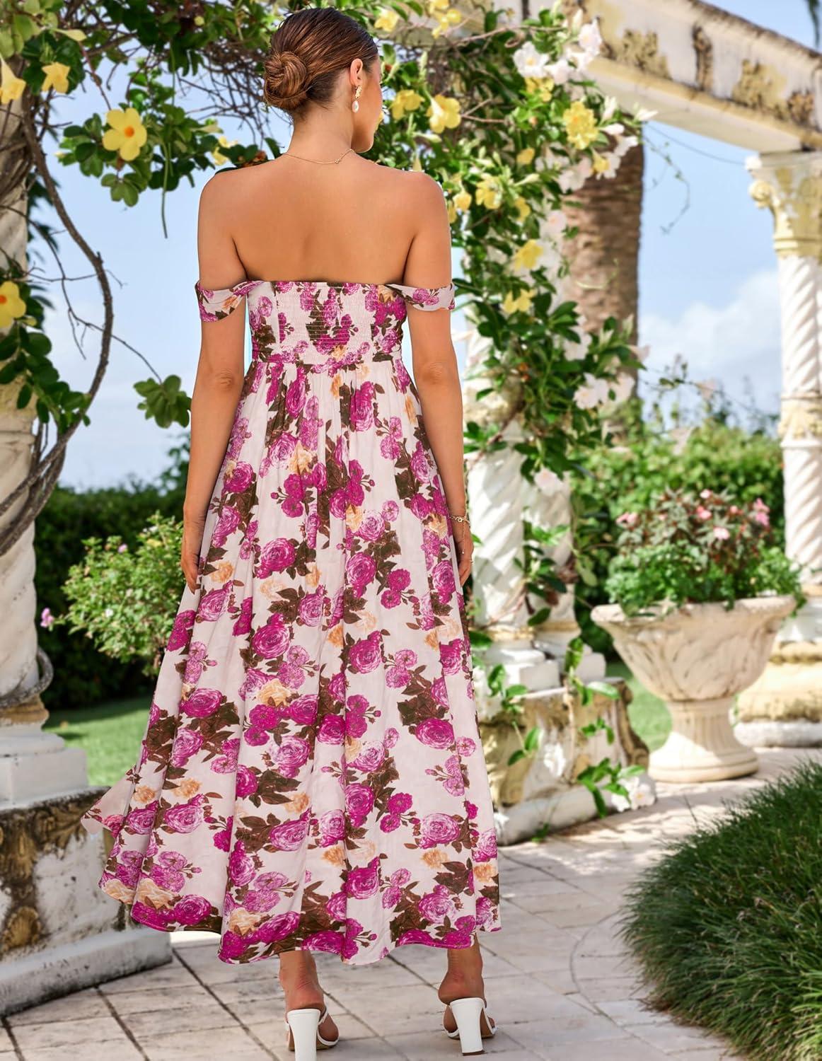 imageGRACE KARIN 2025 Womens Summer Floral Print Flowy A Line Maxi Dresses Sleeveless Smocked Off Shoulder DressApricot Purple