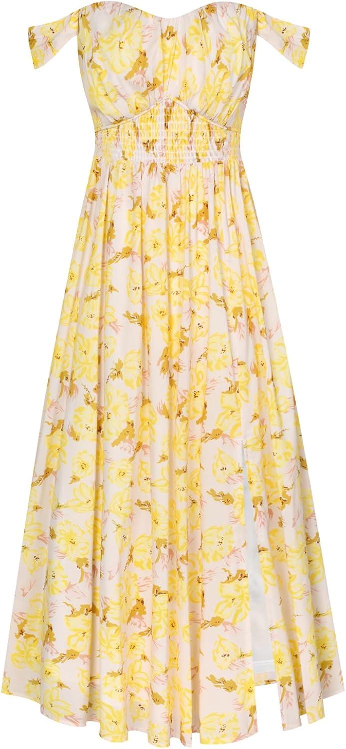 imageGRACE KARIN 2025 Womens Summer Floral Print Flowy A Line Maxi Dresses Sleeveless Smocked Off Shoulder DressApricot Yellow