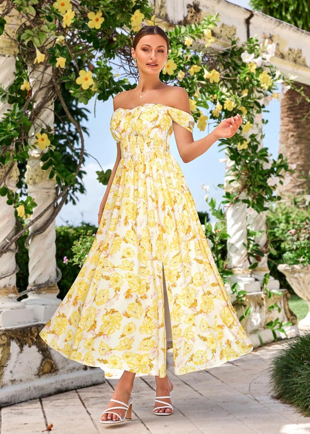 imageGRACE KARIN 2025 Womens Summer Floral Print Flowy A Line Maxi Dresses Sleeveless Smocked Off Shoulder DressApricot Yellow