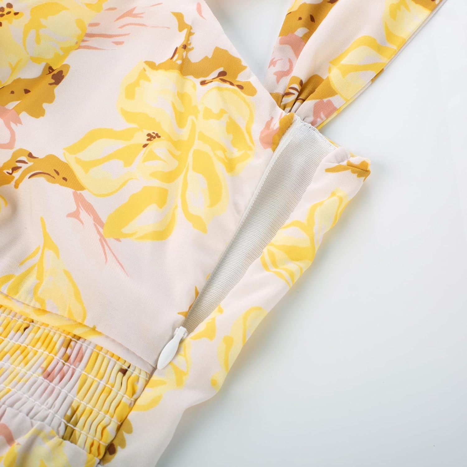 imageGRACE KARIN 2025 Womens Summer Floral Print Flowy A Line Maxi Dresses Sleeveless Smocked Off Shoulder DressApricot Yellow