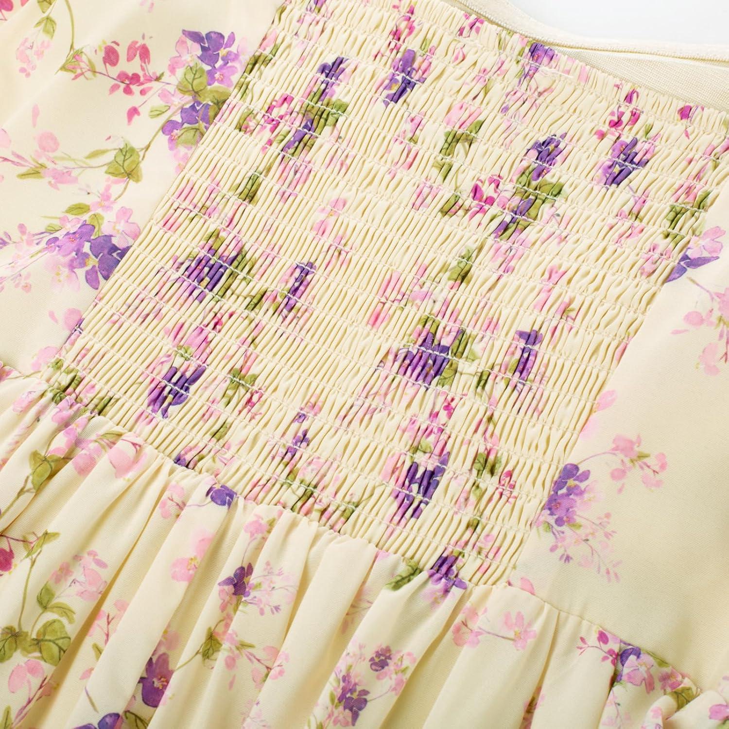 imageGRACE KARIN 2025 Womens Summer Floral Print Flowy A Line Maxi Dresses Sleeveless Smocked Off Shoulder DressBeige Purple