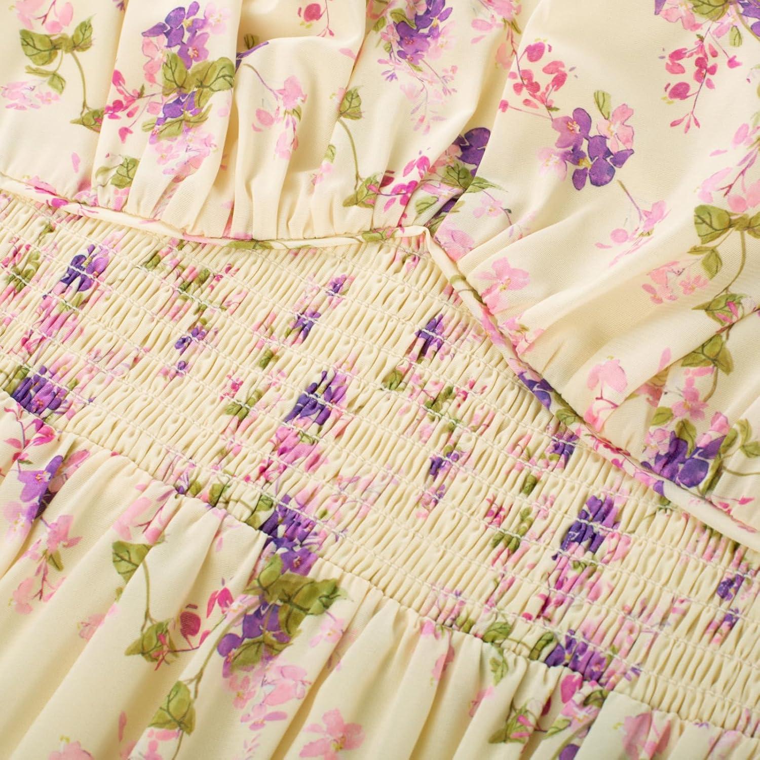 imageGRACE KARIN 2025 Womens Summer Floral Print Flowy A Line Maxi Dresses Sleeveless Smocked Off Shoulder DressBeige Purple