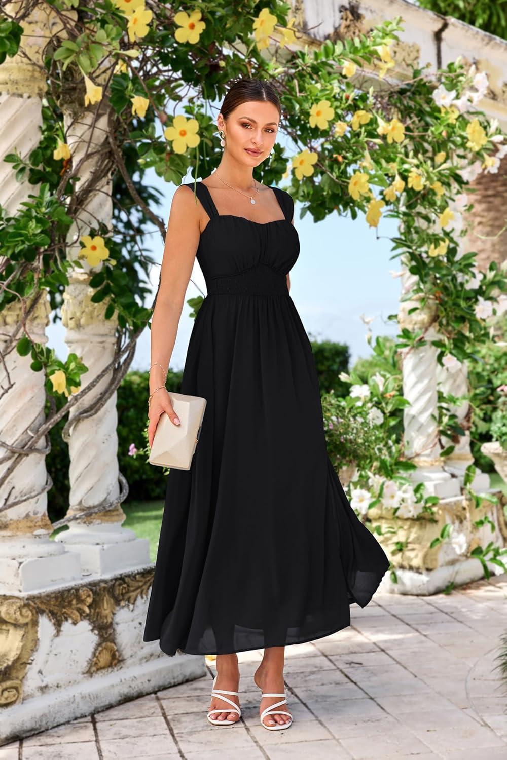 imageGRACE KARIN 2025 Womens Summer Floral Print Flowy A Line Maxi Dresses Sleeveless Smocked Off Shoulder DressBlack