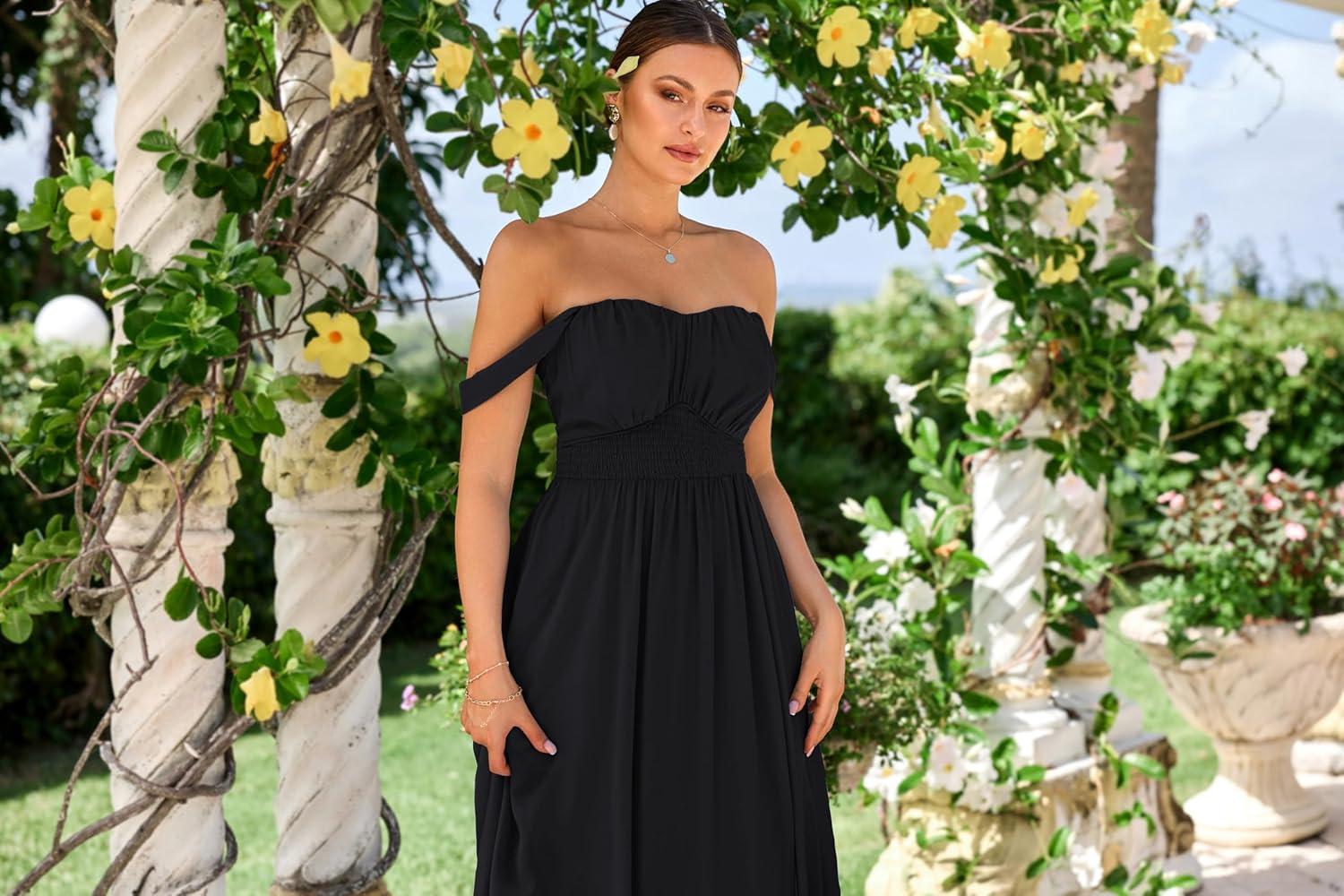 imageGRACE KARIN 2025 Womens Summer Floral Print Flowy A Line Maxi Dresses Sleeveless Smocked Off Shoulder DressBlack