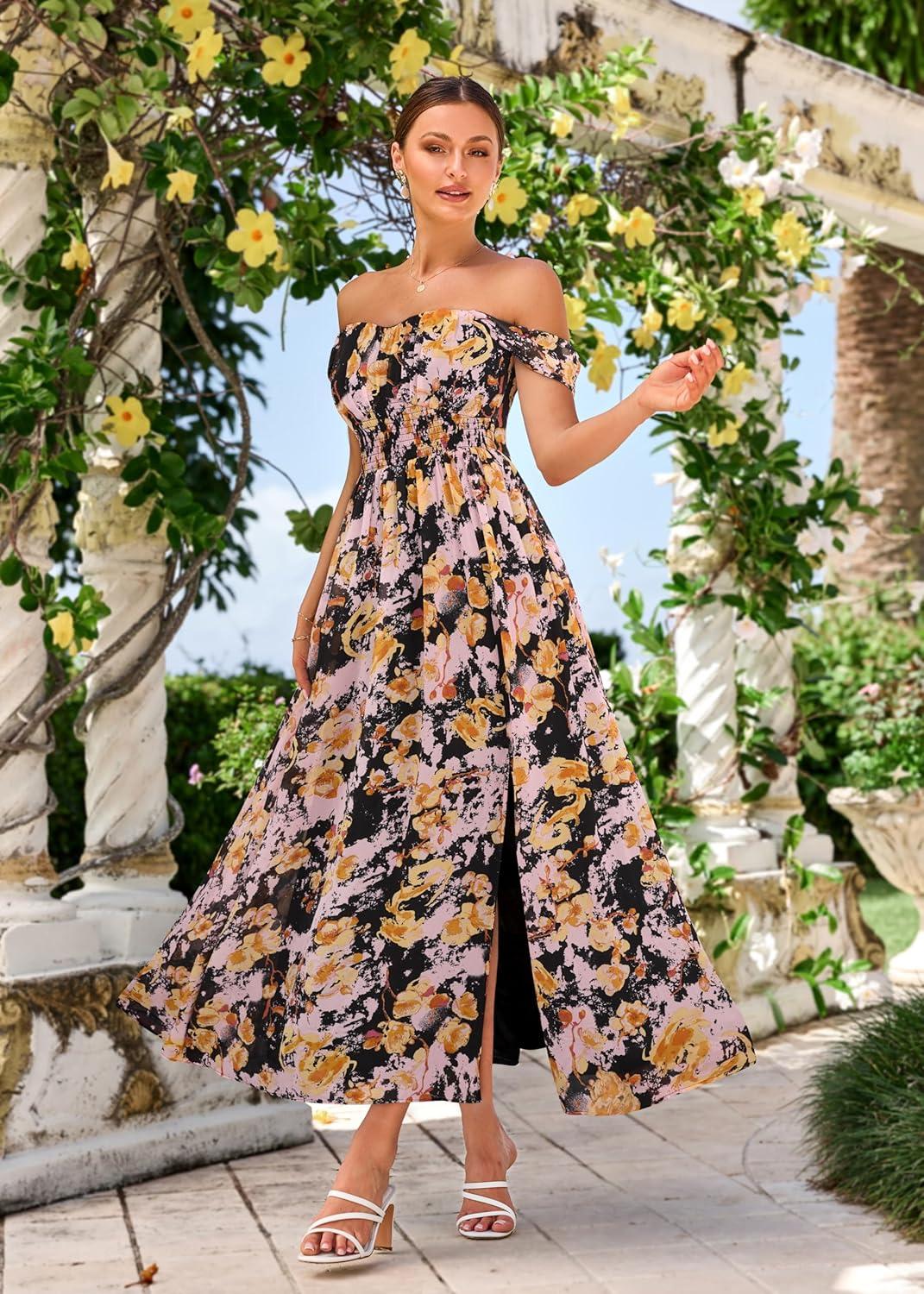 imageGRACE KARIN 2025 Womens Summer Floral Print Flowy A Line Maxi Dresses Sleeveless Smocked Off Shoulder DressBlack Yellow
