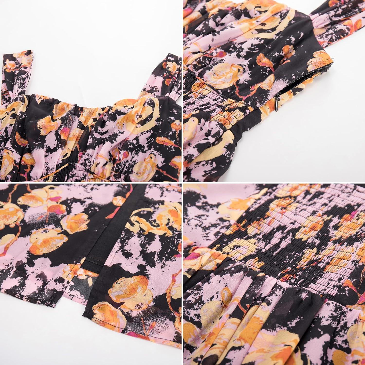 imageGRACE KARIN 2025 Womens Summer Floral Print Flowy A Line Maxi Dresses Sleeveless Smocked Off Shoulder DressBlack Yellow
