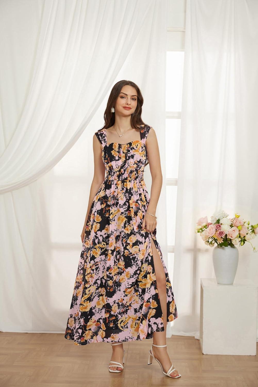 imageGRACE KARIN 2025 Womens Summer Floral Print Flowy A Line Maxi Dresses Sleeveless Smocked Off Shoulder DressBlack Yellow