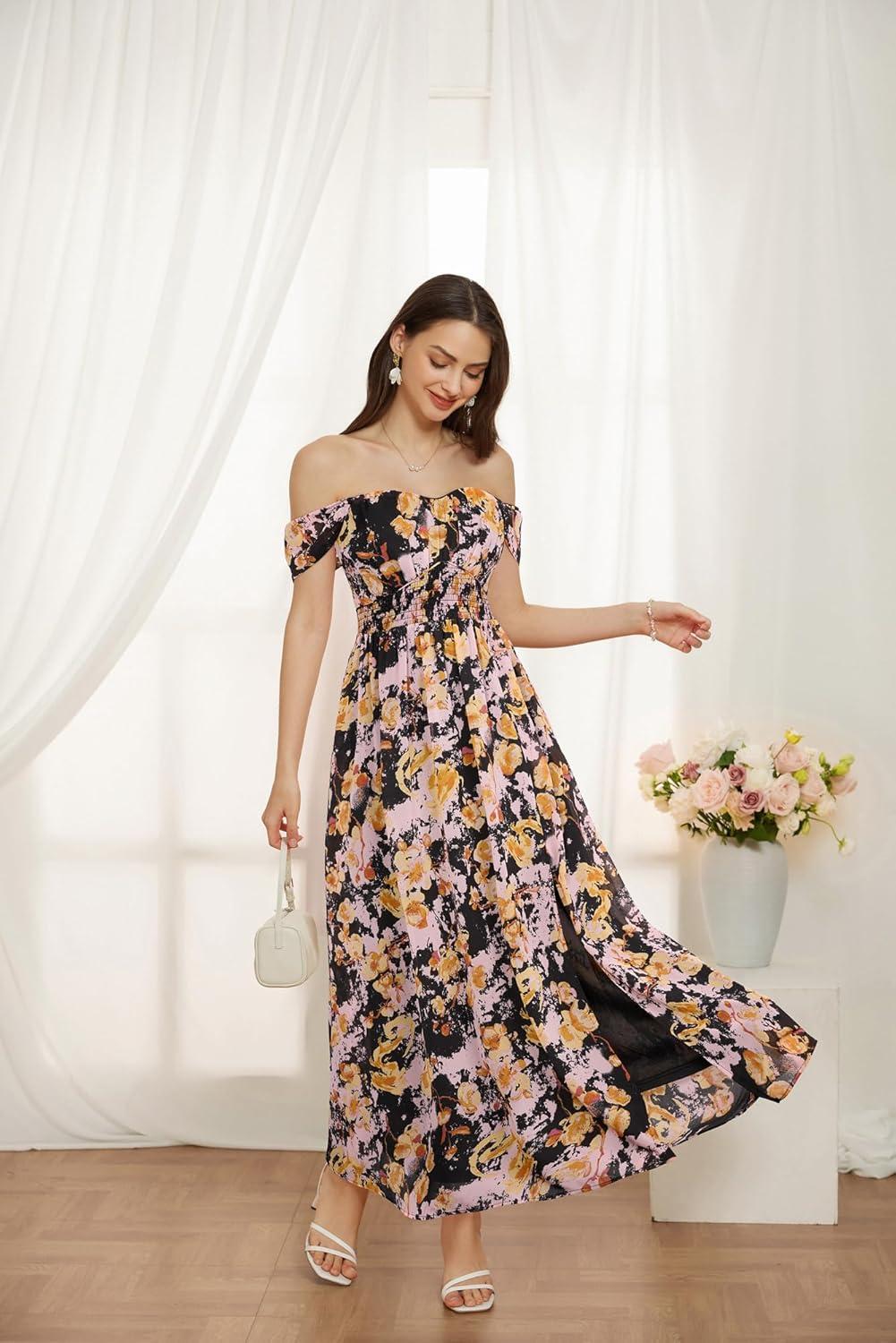 imageGRACE KARIN 2025 Womens Summer Floral Print Flowy A Line Maxi Dresses Sleeveless Smocked Off Shoulder DressBlack Yellow