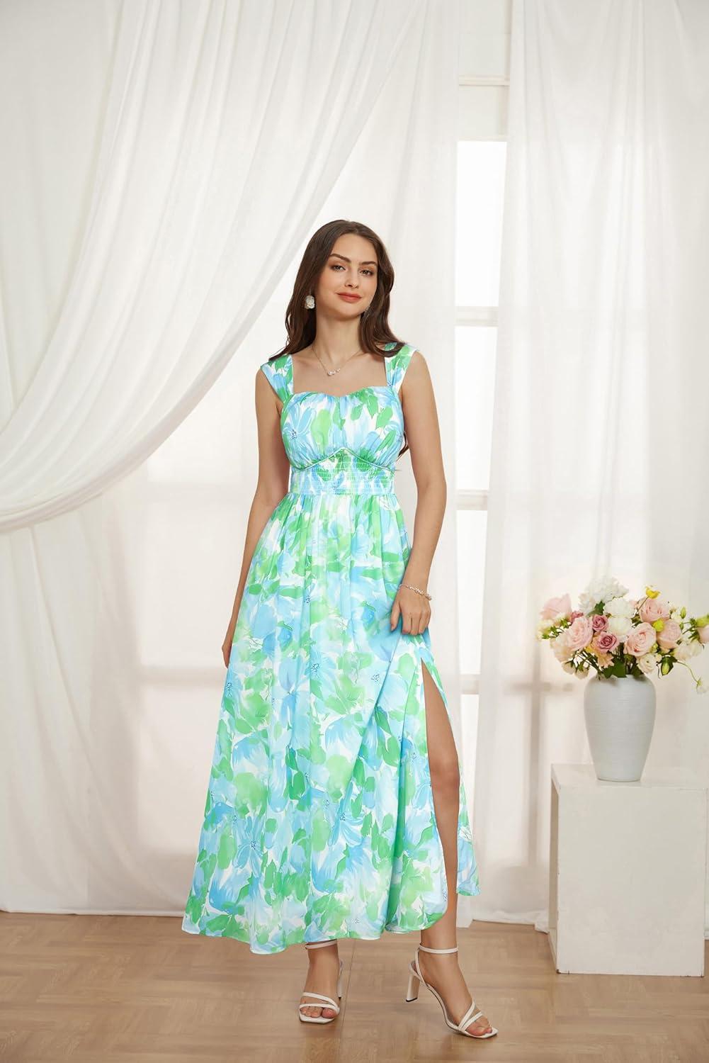 imageGRACE KARIN 2025 Womens Summer Floral Print Flowy A Line Maxi Dresses Sleeveless Smocked Off Shoulder DressBlue Green