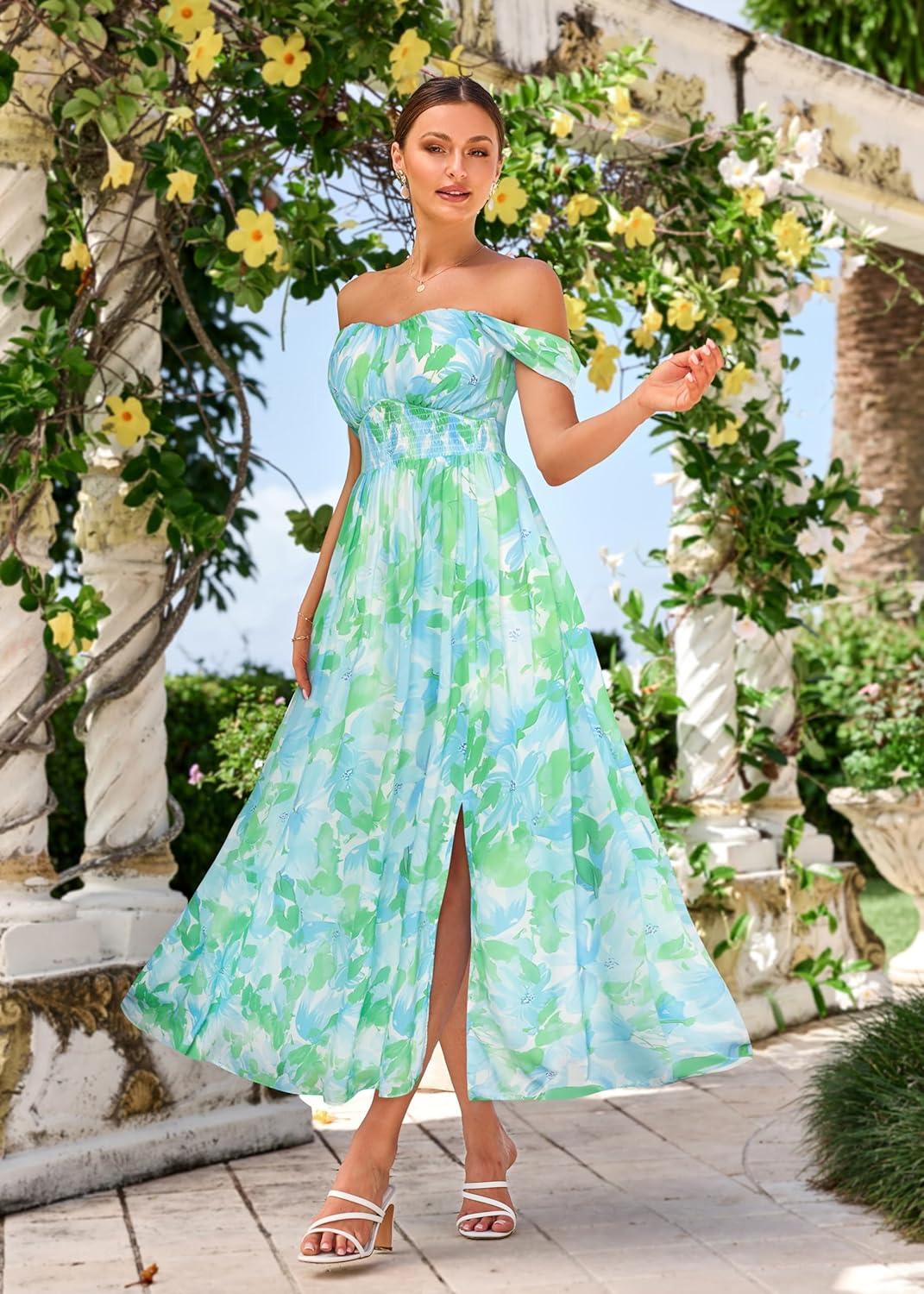 imageGRACE KARIN 2025 Womens Summer Floral Print Flowy A Line Maxi Dresses Sleeveless Smocked Off Shoulder DressBlue Green