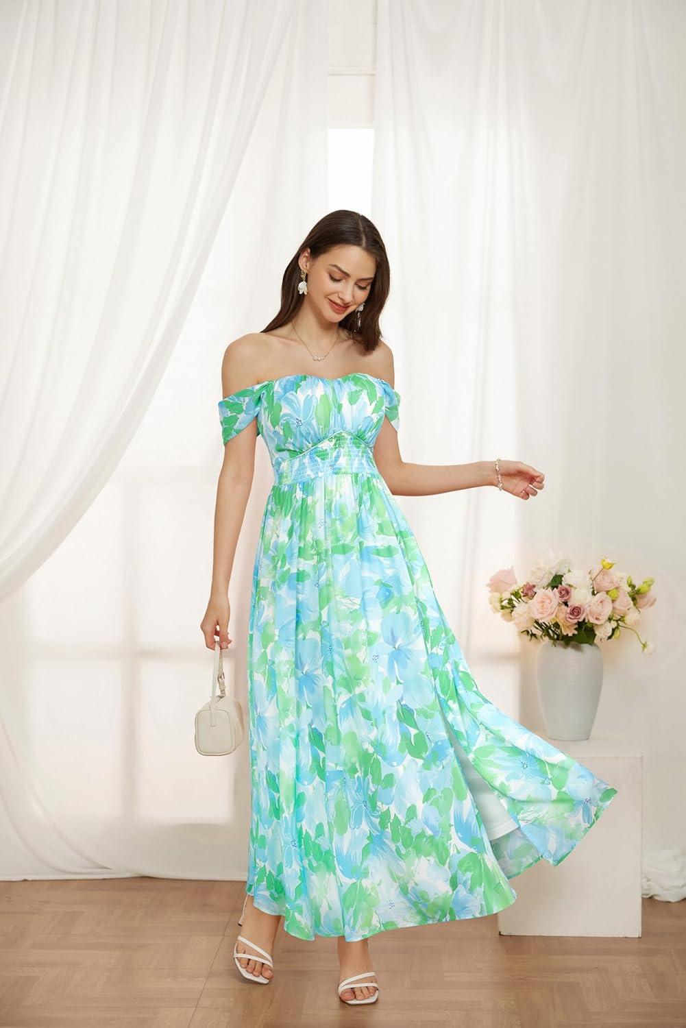 imageGRACE KARIN 2025 Womens Summer Floral Print Flowy A Line Maxi Dresses Sleeveless Smocked Off Shoulder DressBlue Green