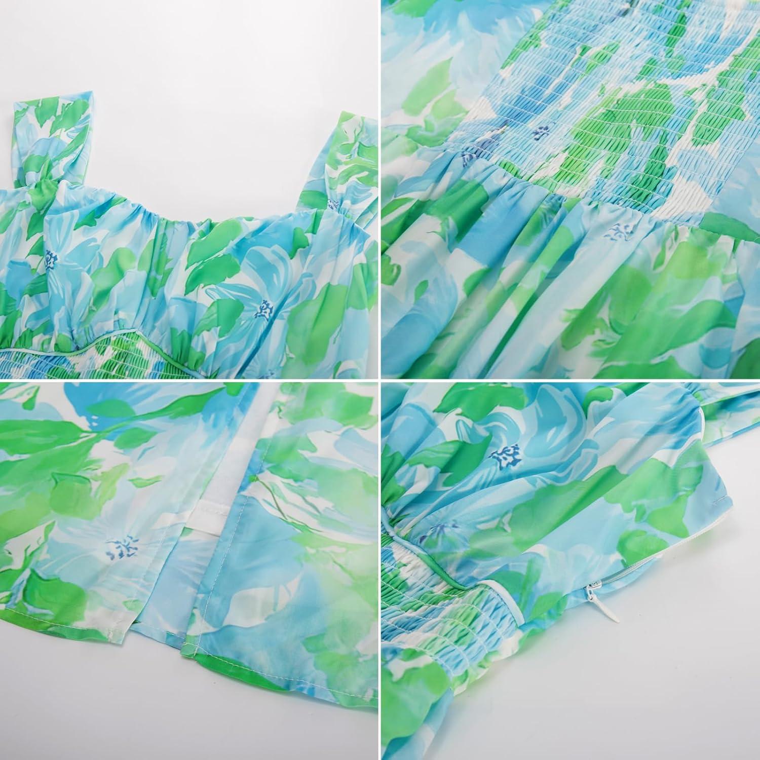 imageGRACE KARIN 2025 Womens Summer Floral Print Flowy A Line Maxi Dresses Sleeveless Smocked Off Shoulder DressBlue Green