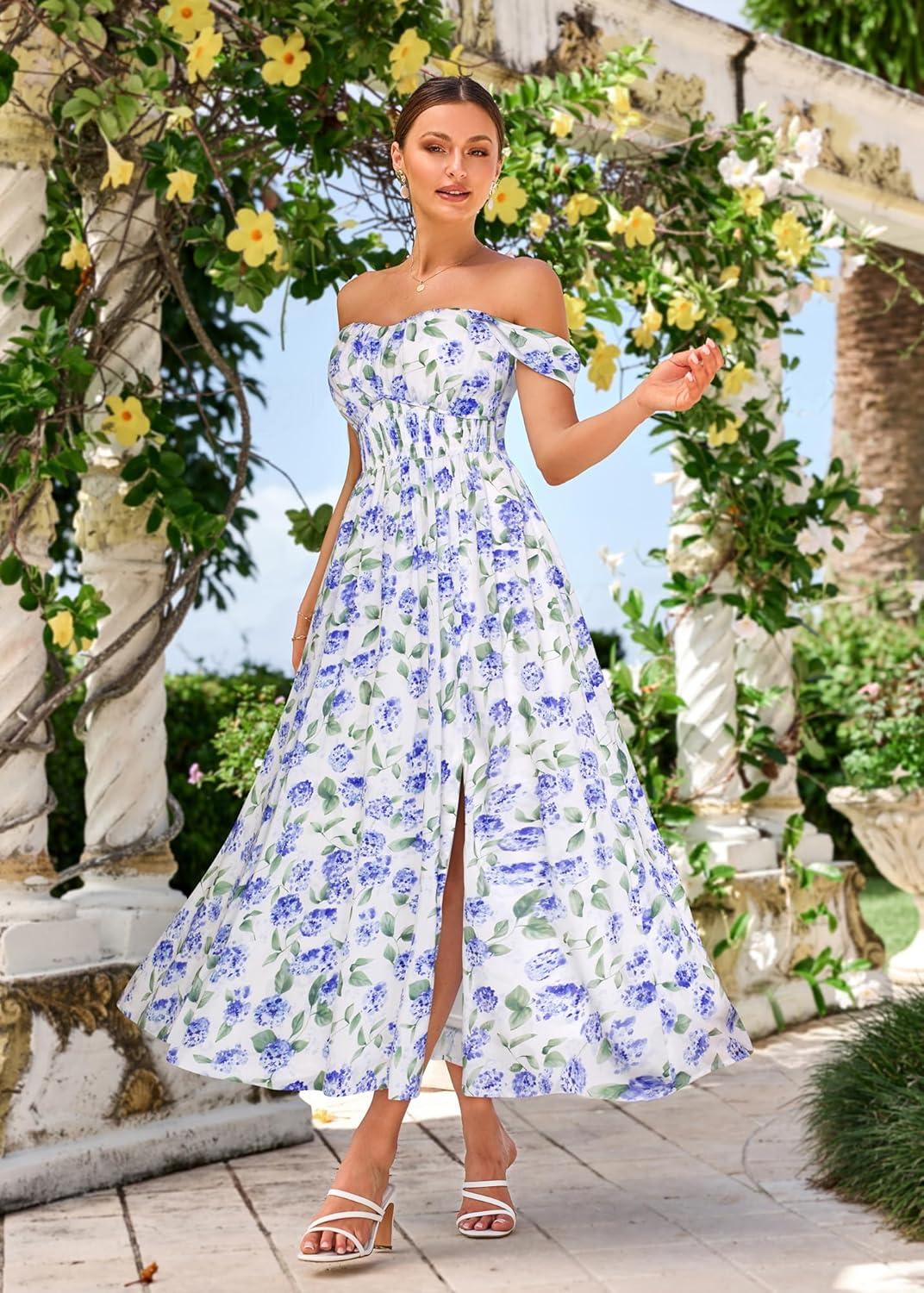 imageGRACE KARIN 2025 Womens Summer Floral Print Flowy A Line Maxi Dresses Sleeveless Smocked Off Shoulder DressBlue Hydrangea