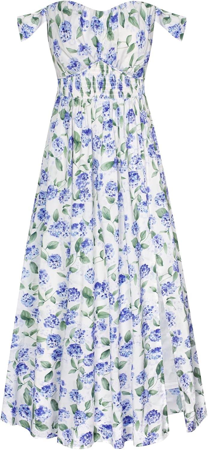 imageGRACE KARIN 2025 Womens Summer Floral Print Flowy A Line Maxi Dresses Sleeveless Smocked Off Shoulder DressBlue Hydrangea