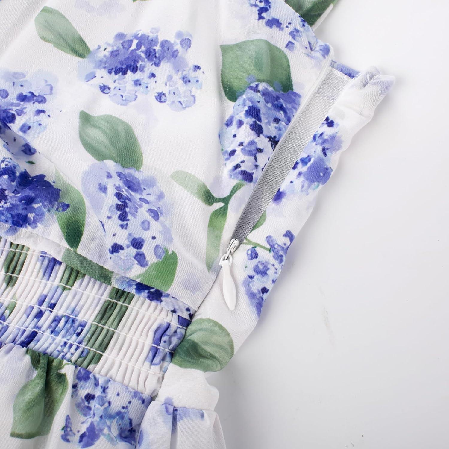 imageGRACE KARIN 2025 Womens Summer Floral Print Flowy A Line Maxi Dresses Sleeveless Smocked Off Shoulder DressBlue Hydrangea