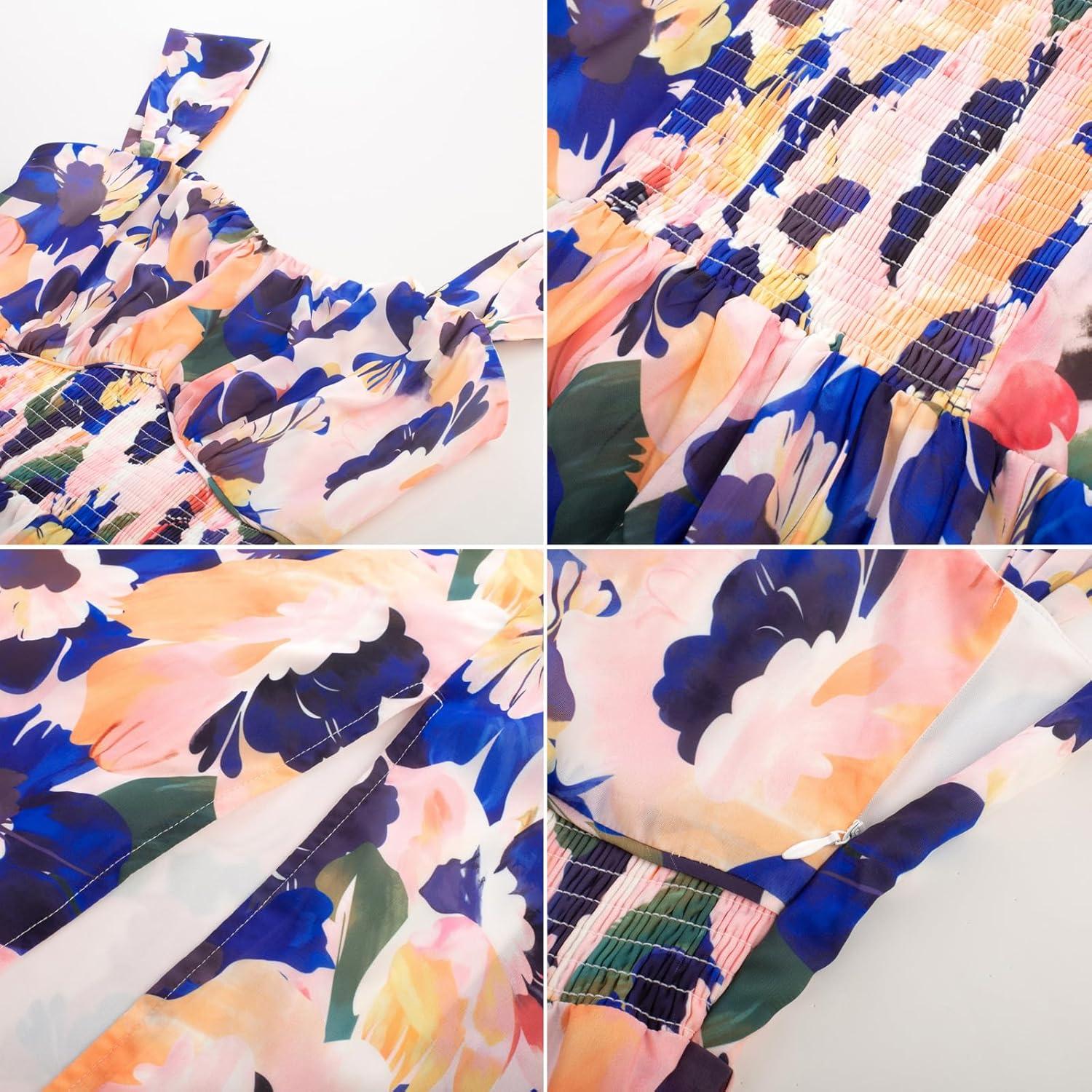 imageGRACE KARIN 2025 Womens Summer Floral Print Flowy A Line Maxi Dresses Sleeveless Smocked Off Shoulder DressBlue Orange