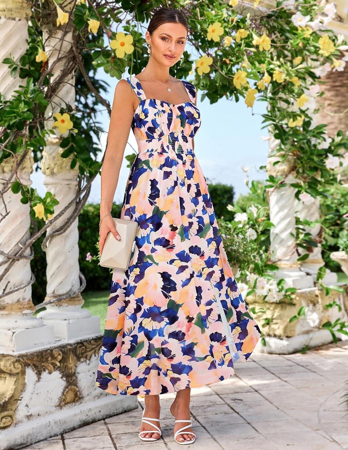imageGRACE KARIN 2025 Womens Summer Floral Print Flowy A Line Maxi Dresses Sleeveless Smocked Off Shoulder DressBlue Orange