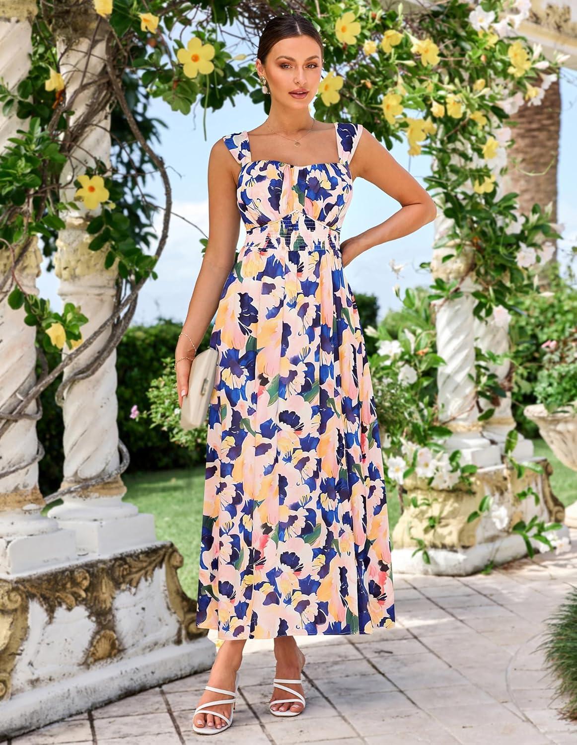 imageGRACE KARIN 2025 Womens Summer Floral Print Flowy A Line Maxi Dresses Sleeveless Smocked Off Shoulder DressBlue Orange