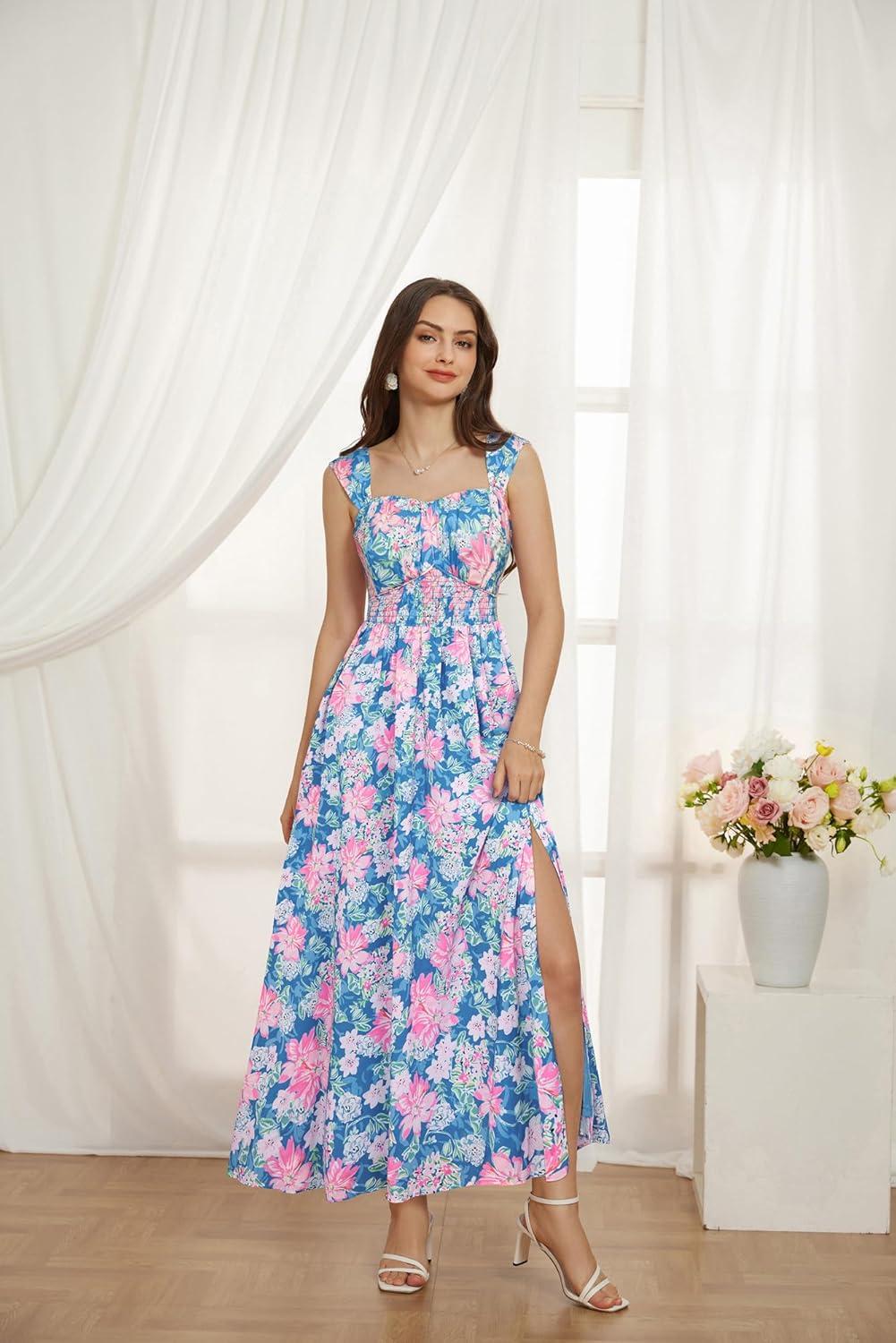 imageGRACE KARIN 2025 Womens Summer Floral Print Flowy A Line Maxi Dresses Sleeveless Smocked Off Shoulder DressBlue Pink