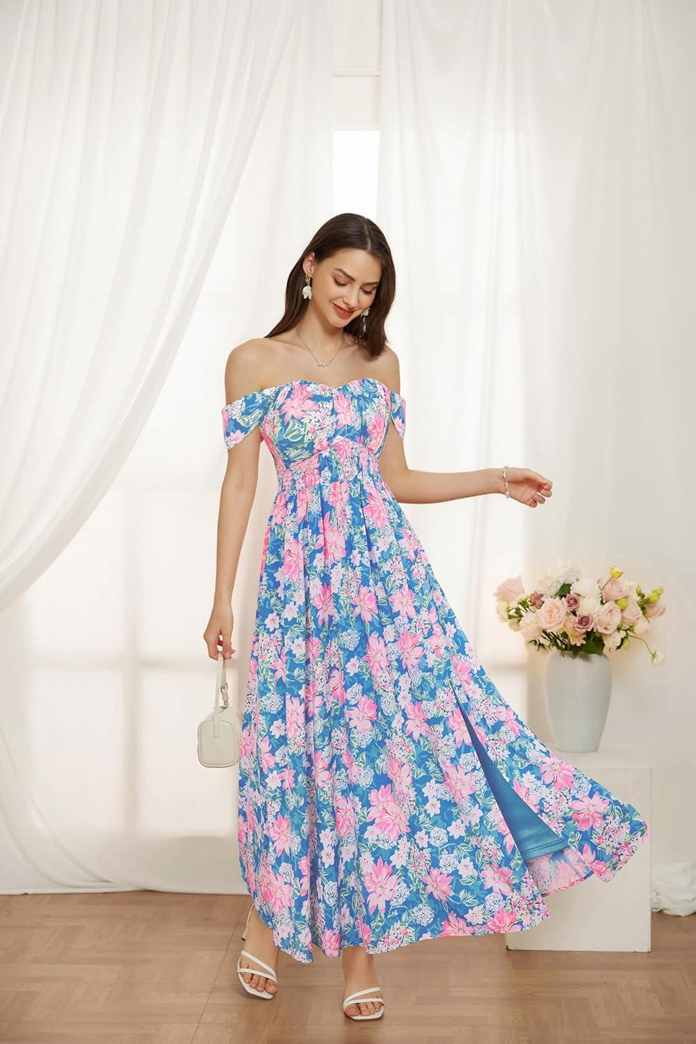 imageGRACE KARIN 2025 Womens Summer Floral Print Flowy A Line Maxi Dresses Sleeveless Smocked Off Shoulder DressBlue Pink