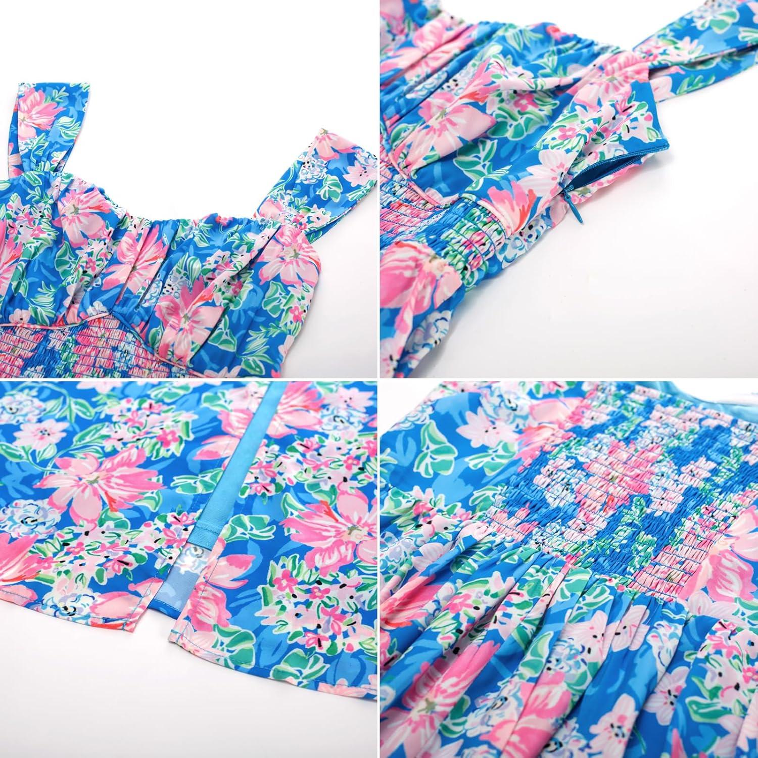 imageGRACE KARIN 2025 Womens Summer Floral Print Flowy A Line Maxi Dresses Sleeveless Smocked Off Shoulder DressBlue Pink