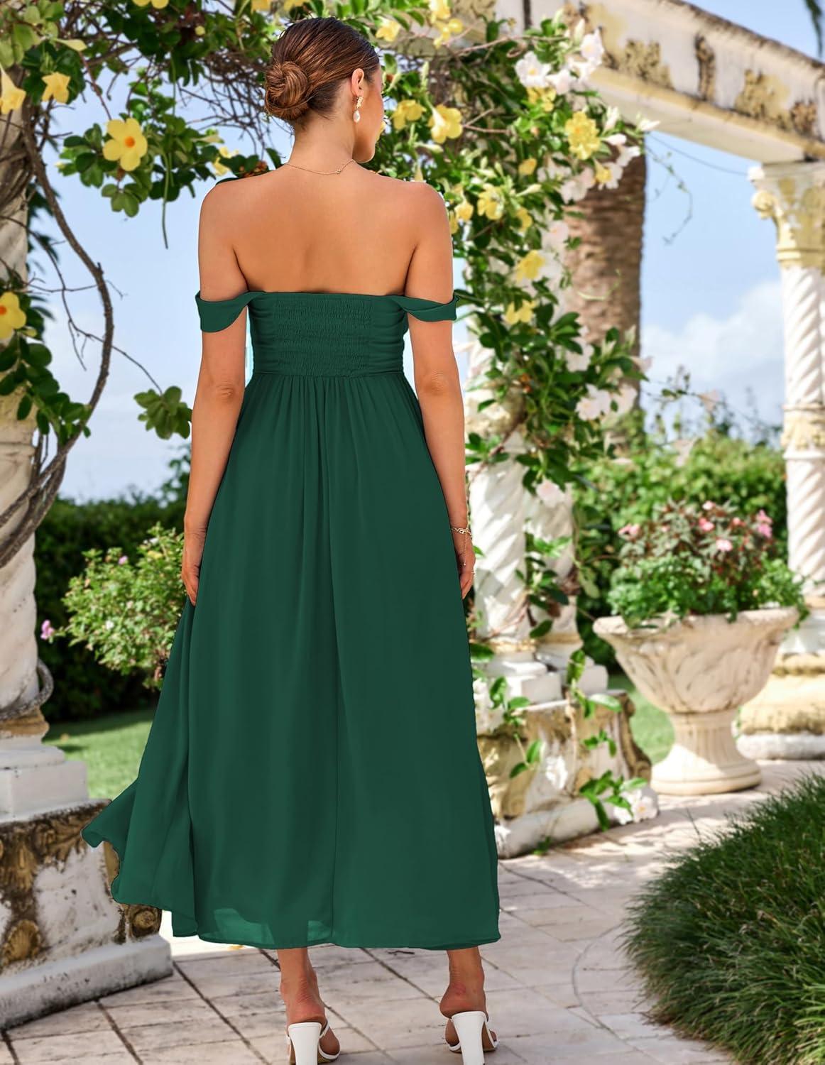 imageGRACE KARIN 2025 Womens Summer Floral Print Flowy A Line Maxi Dresses Sleeveless Smocked Off Shoulder DressDark Green