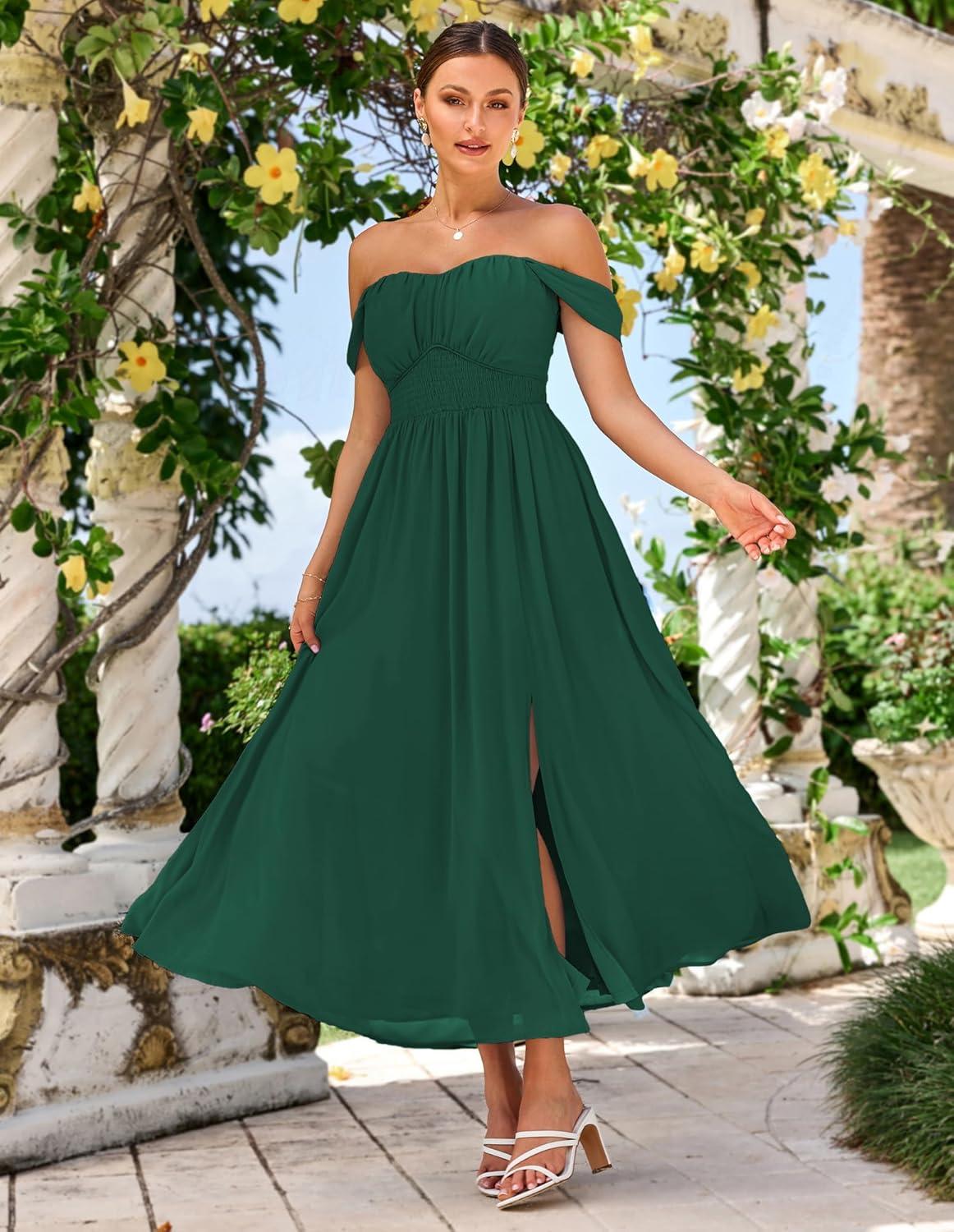 imageGRACE KARIN 2025 Womens Summer Floral Print Flowy A Line Maxi Dresses Sleeveless Smocked Off Shoulder DressDark Green