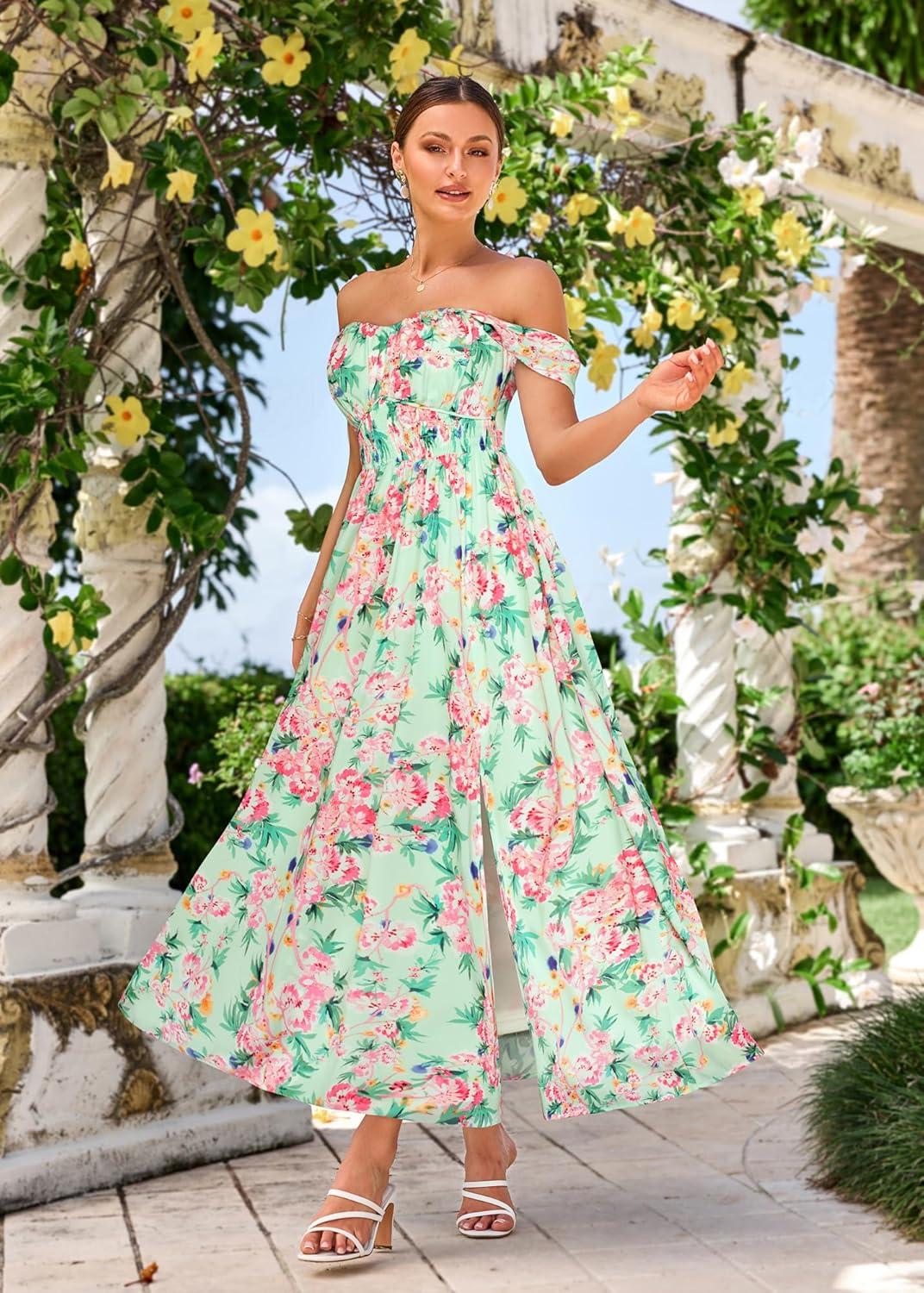 imageGRACE KARIN 2025 Womens Summer Floral Print Flowy A Line Maxi Dresses Sleeveless Smocked Off Shoulder DressGreen Pink