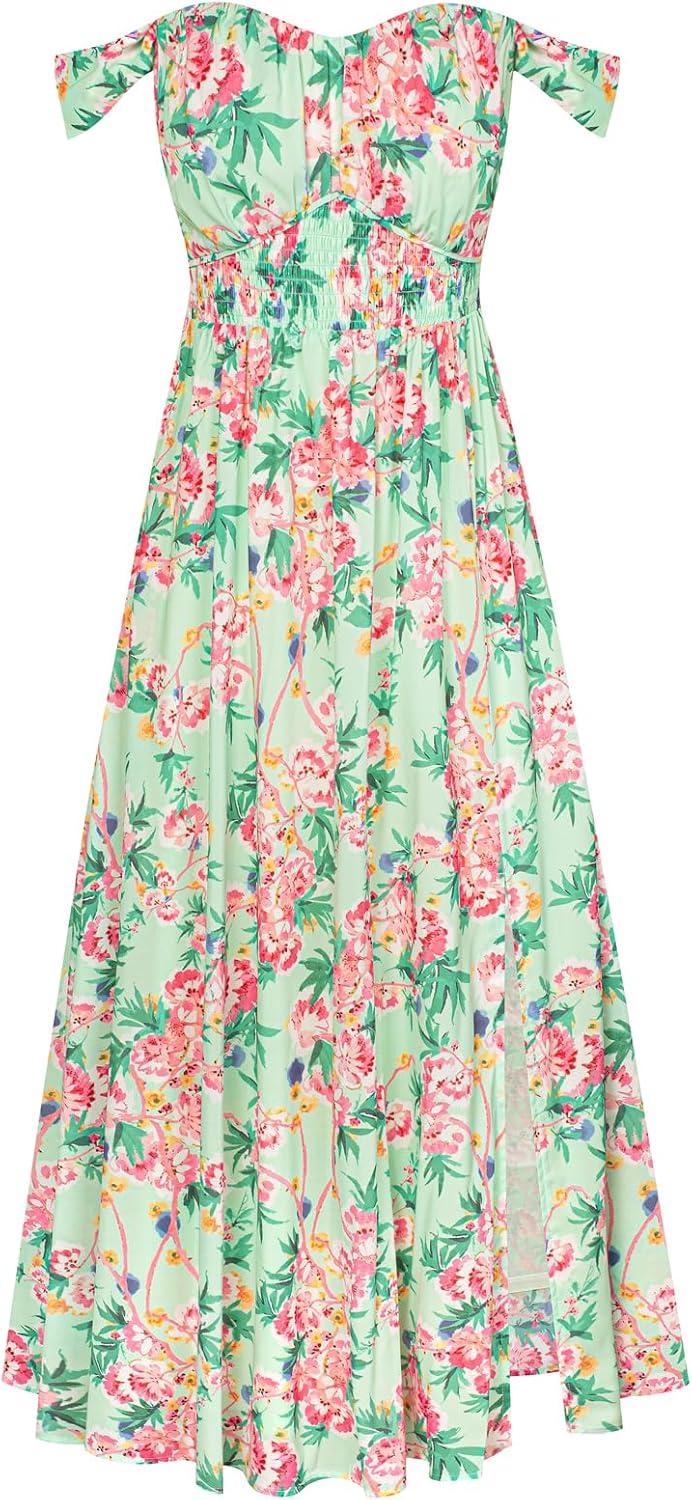 imageGRACE KARIN 2025 Womens Summer Floral Print Flowy A Line Maxi Dresses Sleeveless Smocked Off Shoulder DressGreen Pink