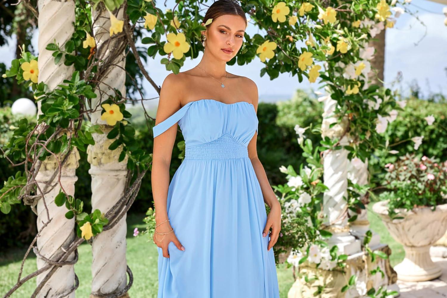 imageGRACE KARIN 2025 Womens Summer Floral Print Flowy A Line Maxi Dresses Sleeveless Smocked Off Shoulder DressLight Blue