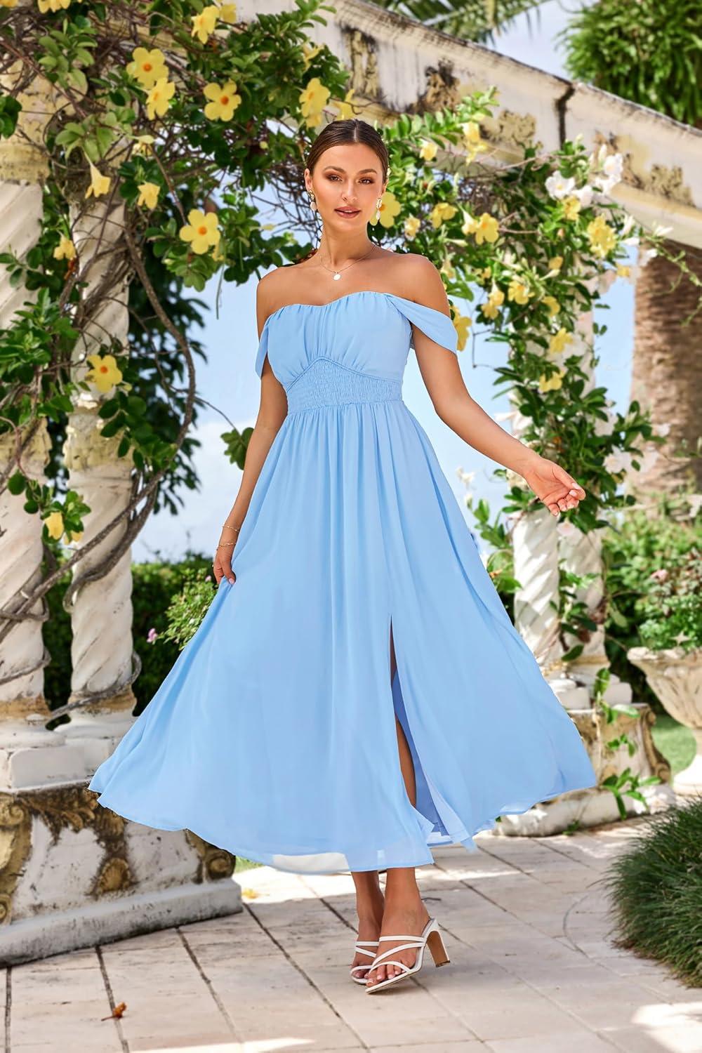 imageGRACE KARIN 2025 Womens Summer Floral Print Flowy A Line Maxi Dresses Sleeveless Smocked Off Shoulder DressLight Blue