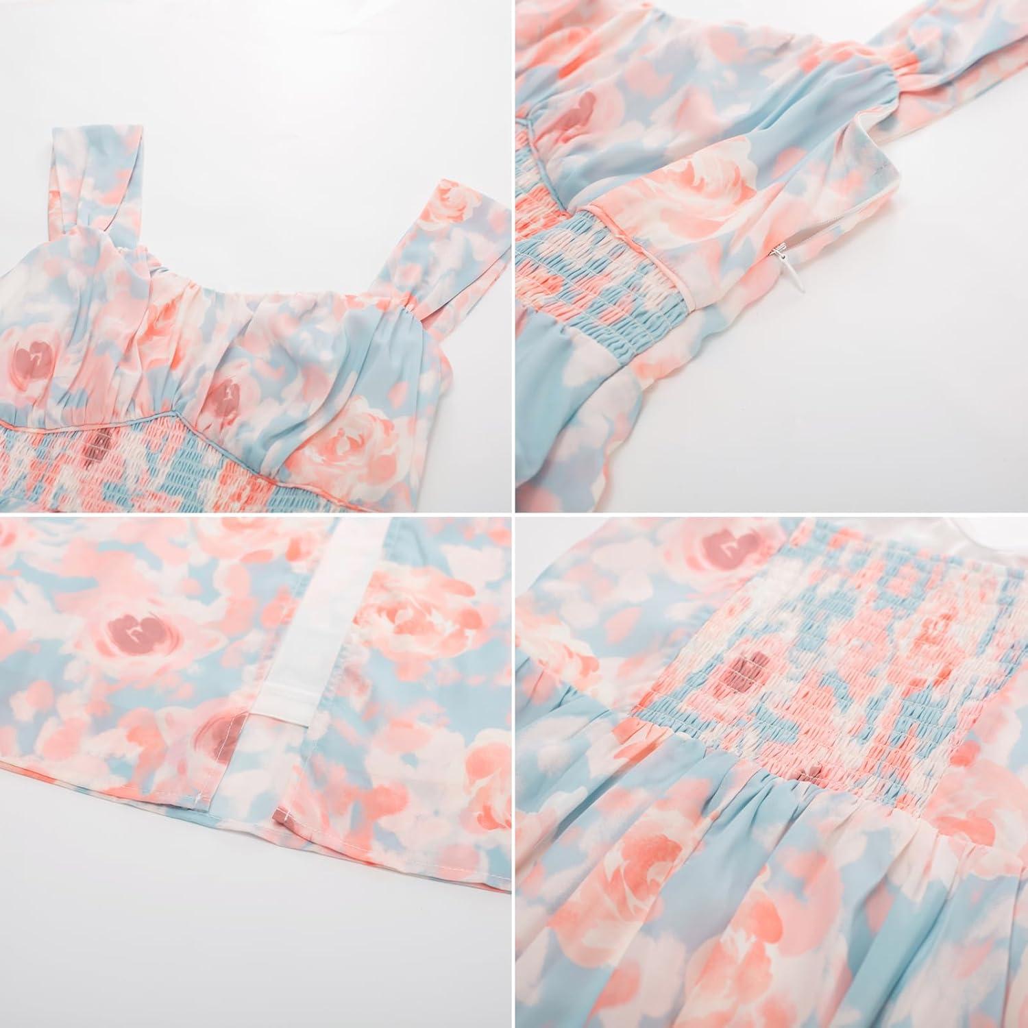 imageGRACE KARIN 2025 Womens Summer Floral Print Flowy A Line Maxi Dresses Sleeveless Smocked Off Shoulder DressLight Blue Pink