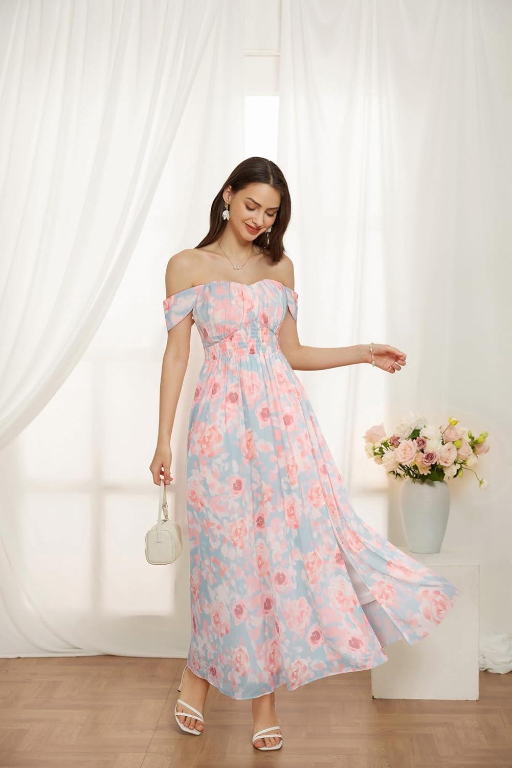 imageGRACE KARIN 2025 Womens Summer Floral Print Flowy A Line Maxi Dresses Sleeveless Smocked Off Shoulder DressLight Blue Pink