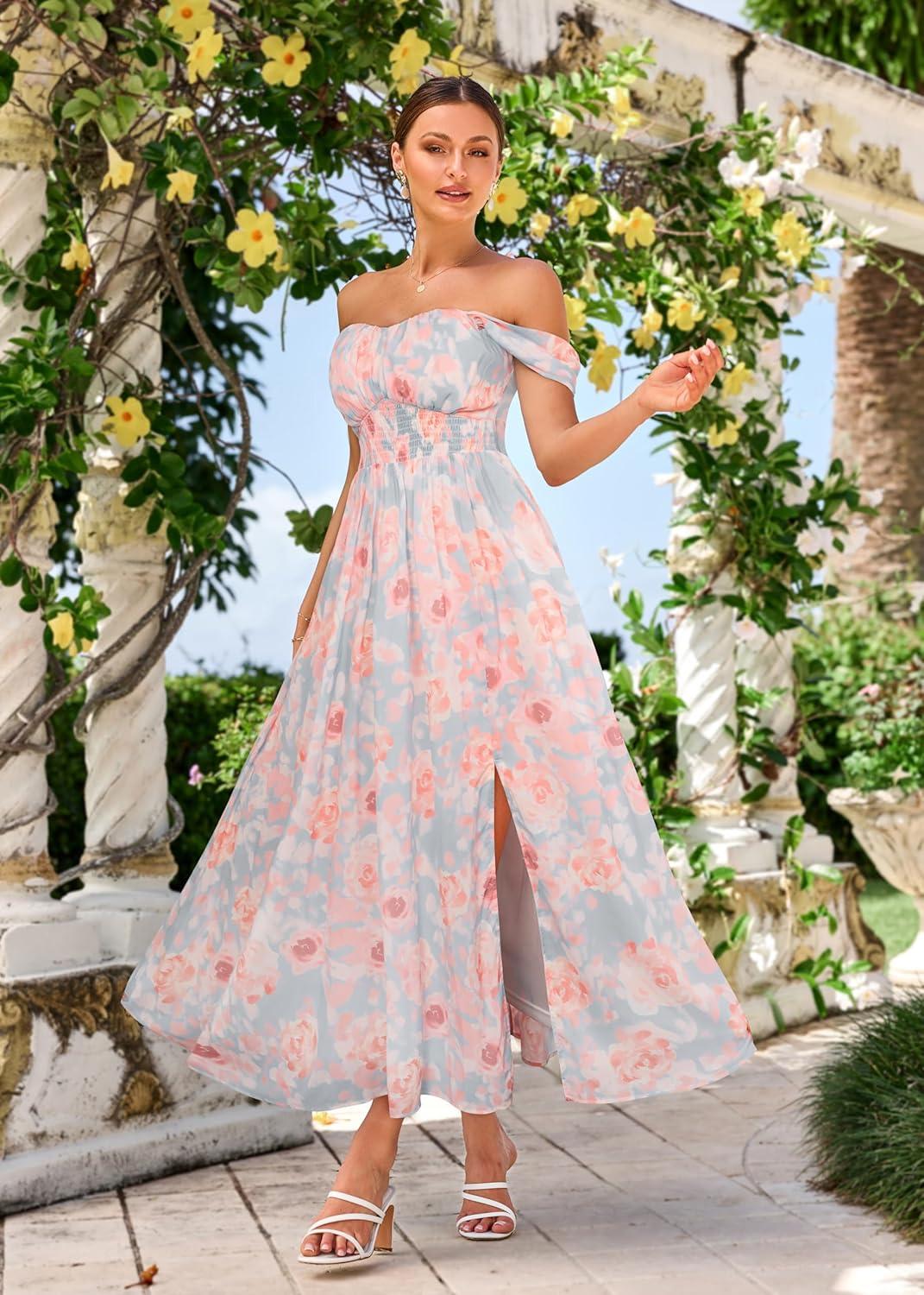 imageGRACE KARIN 2025 Womens Summer Floral Print Flowy A Line Maxi Dresses Sleeveless Smocked Off Shoulder DressLight Blue Pink