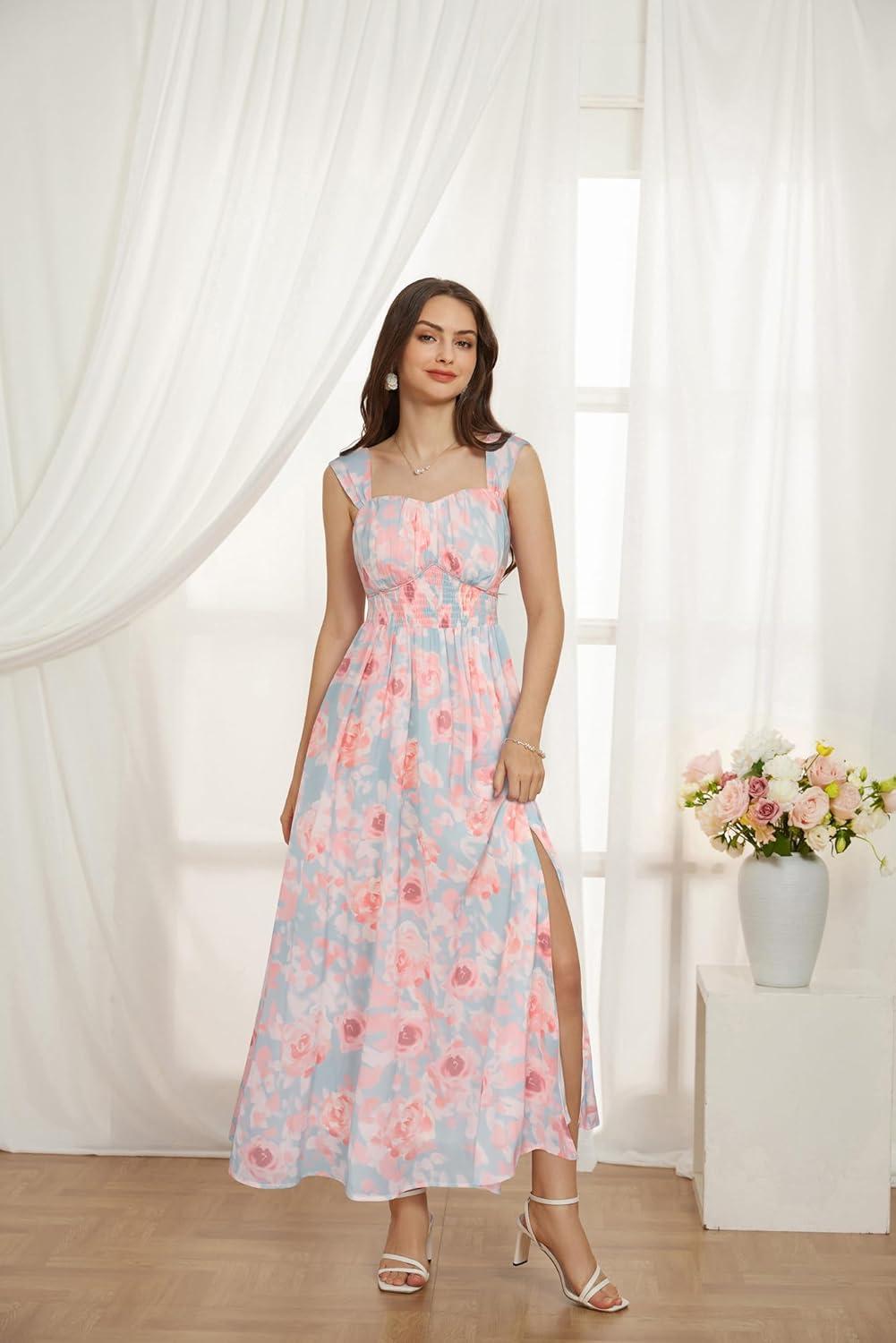 imageGRACE KARIN 2025 Womens Summer Floral Print Flowy A Line Maxi Dresses Sleeveless Smocked Off Shoulder DressLight Blue Pink