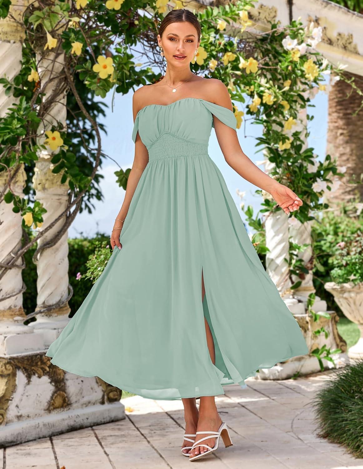 imageGRACE KARIN 2025 Womens Summer Floral Print Flowy A Line Maxi Dresses Sleeveless Smocked Off Shoulder DressLight Green