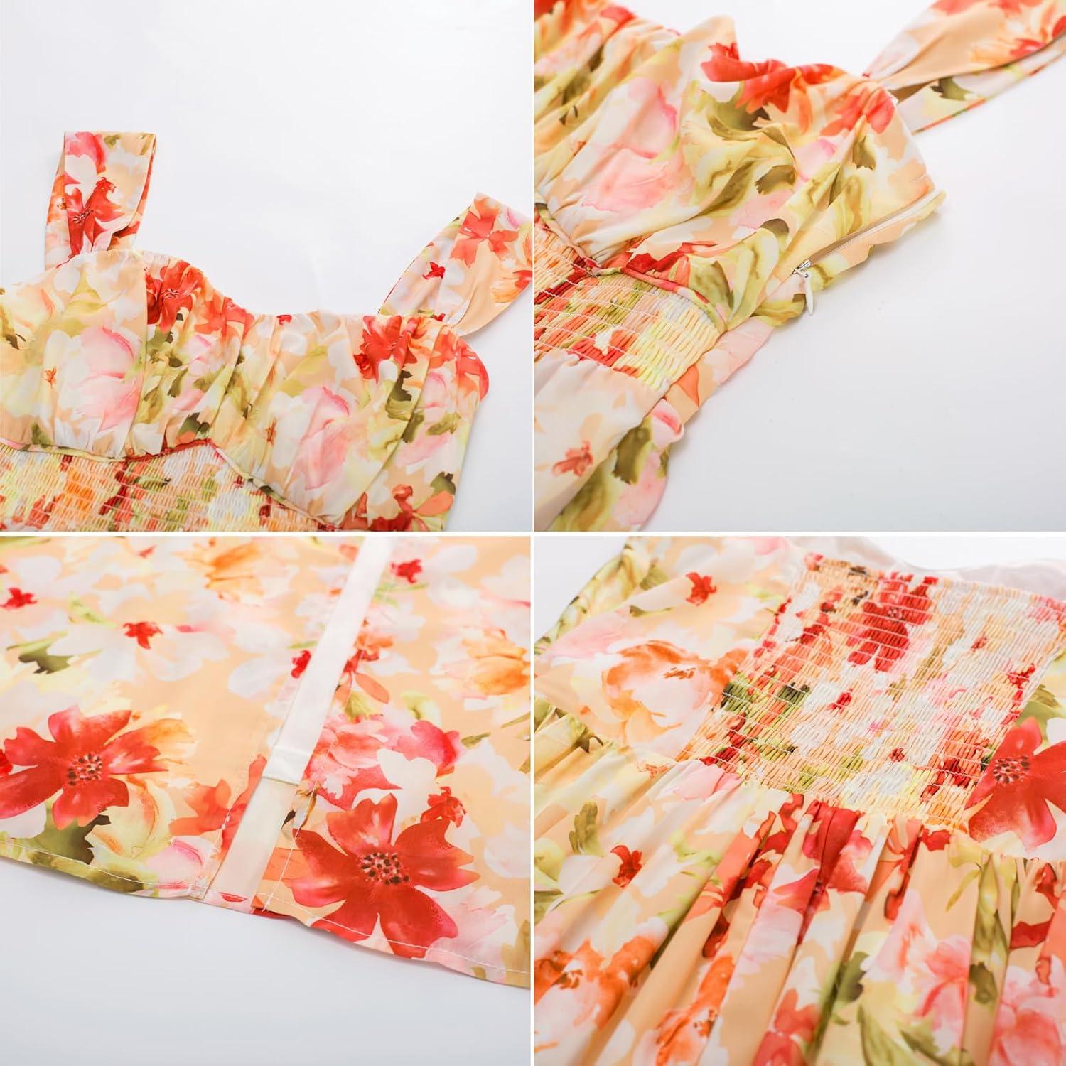 imageGRACE KARIN 2025 Womens Summer Floral Print Flowy A Line Maxi Dresses Sleeveless Smocked Off Shoulder DressLight Orange Red
