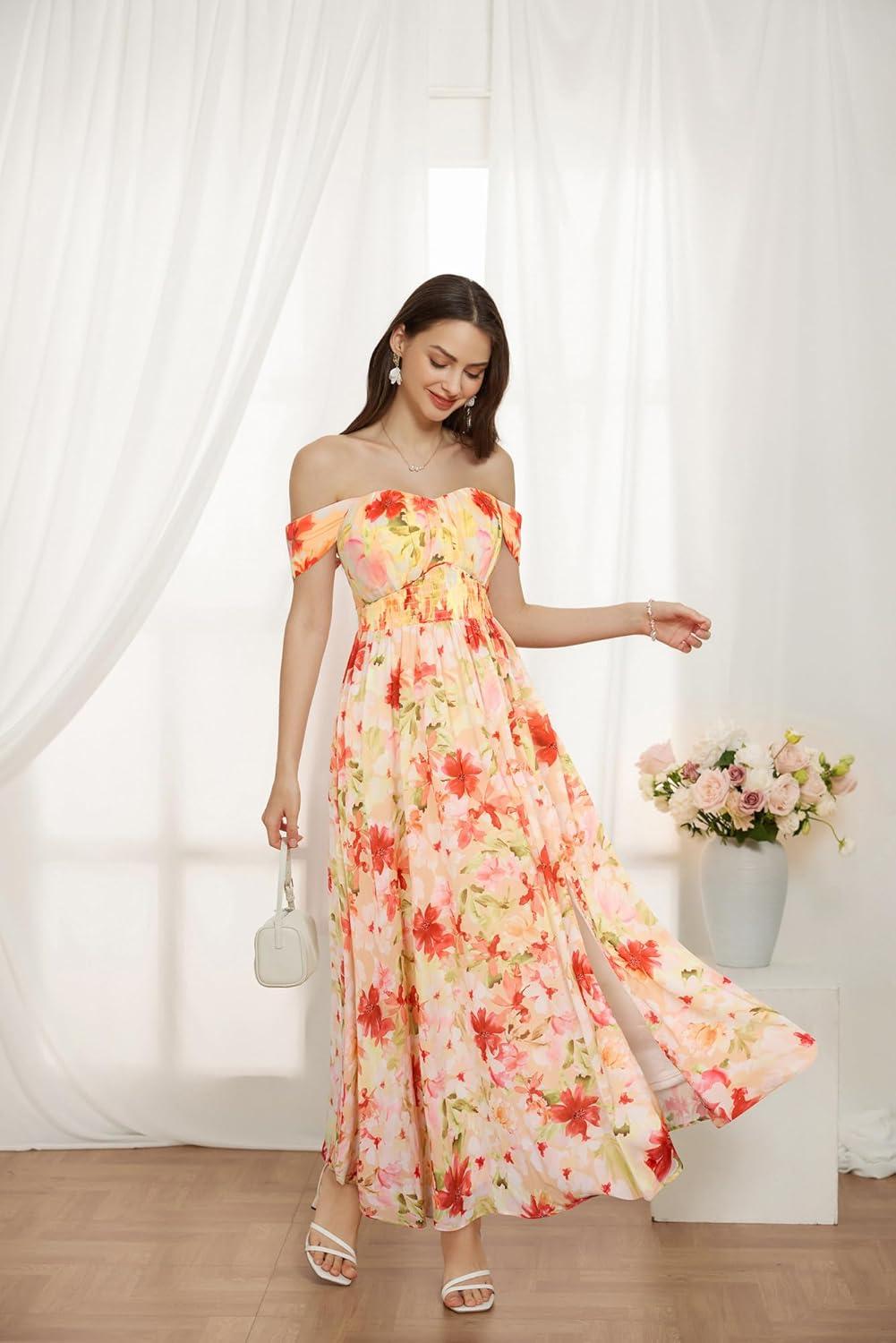 imageGRACE KARIN 2025 Womens Summer Floral Print Flowy A Line Maxi Dresses Sleeveless Smocked Off Shoulder DressLight Orange Red