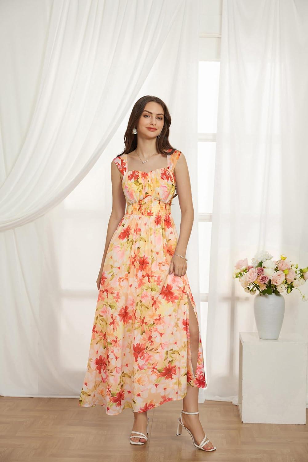 imageGRACE KARIN 2025 Womens Summer Floral Print Flowy A Line Maxi Dresses Sleeveless Smocked Off Shoulder DressLight Orange Red