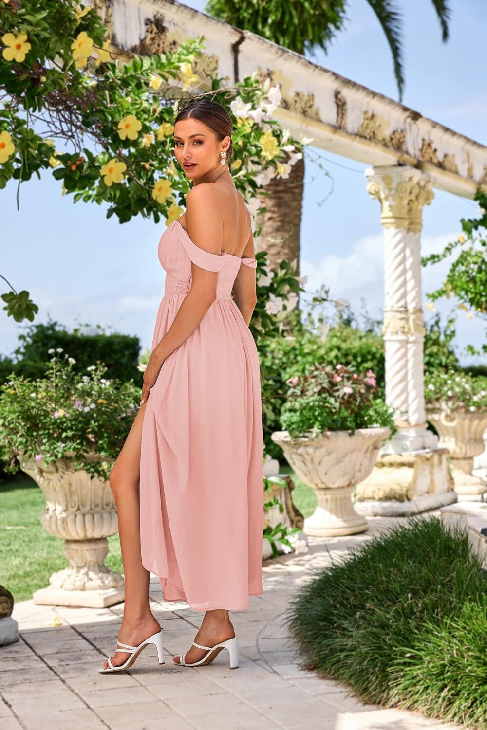 imageGRACE KARIN 2025 Womens Summer Floral Print Flowy A Line Maxi Dresses Sleeveless Smocked Off Shoulder DressLight Pink