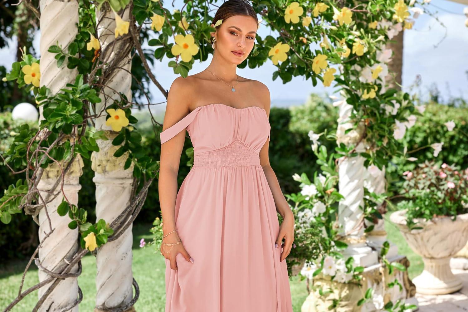imageGRACE KARIN 2025 Womens Summer Floral Print Flowy A Line Maxi Dresses Sleeveless Smocked Off Shoulder DressLight Pink